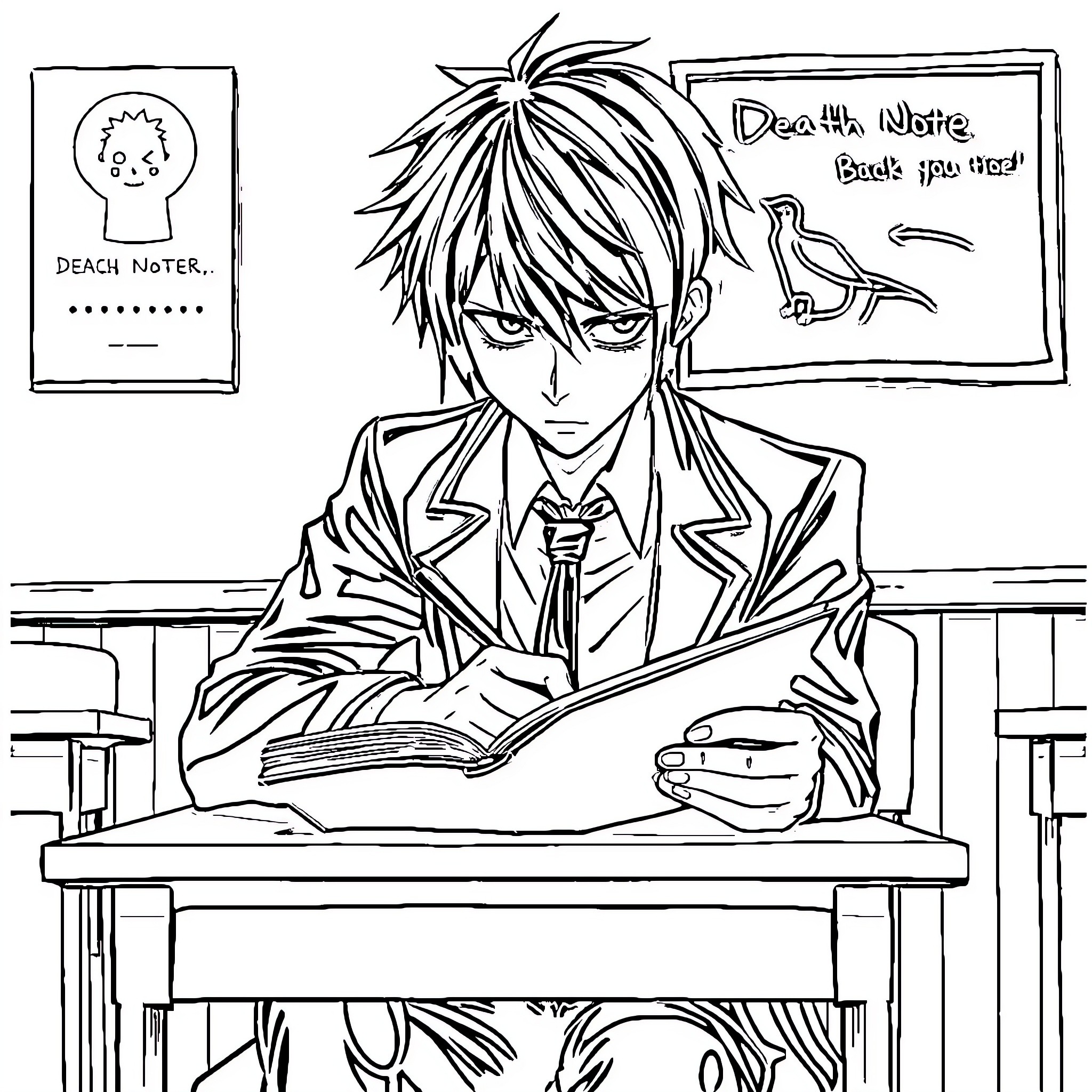 Light-Haired Student Studying Diligently in Classroom Coloring Page (free black-and-white line drawing printable PDF for all, from beginners to advanced learners, including children, teens, adults, and seniors)