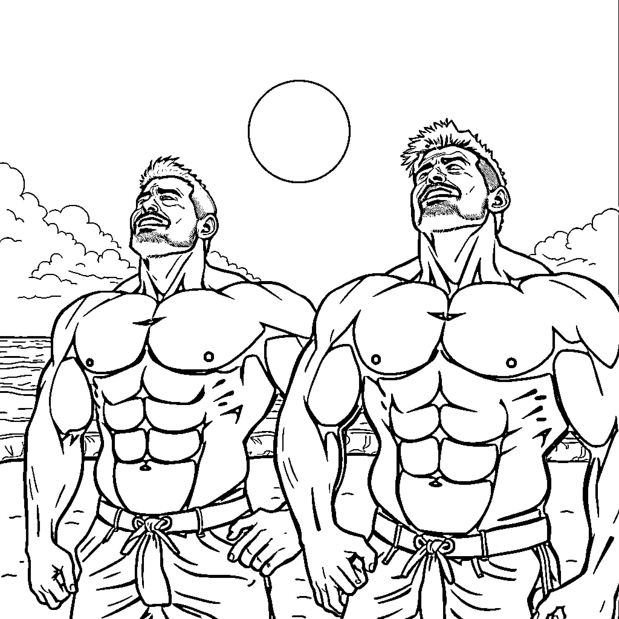 Muscle Man Flexing Muscles and Posing by the Ocean Coloring Page (free black-and-white line drawing printable PDF for all, from beginners to advanced learners, including children, teens, adults, and seniors)