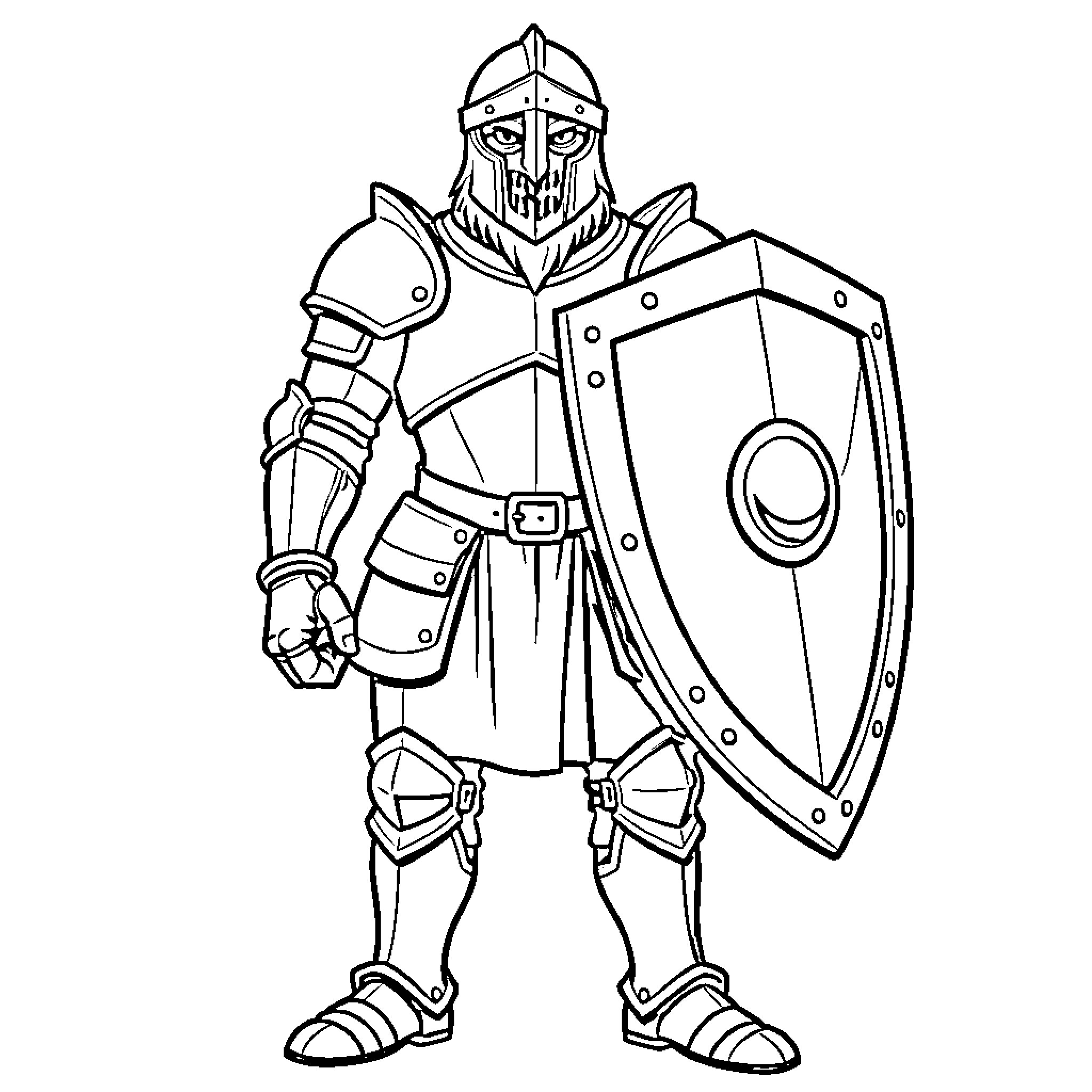 Knight in full armor holding a large shield Coloring Page (free black-and-white line drawing printable PDF for all, from beginners to advanced learners, including children, teens, adults, and seniors)