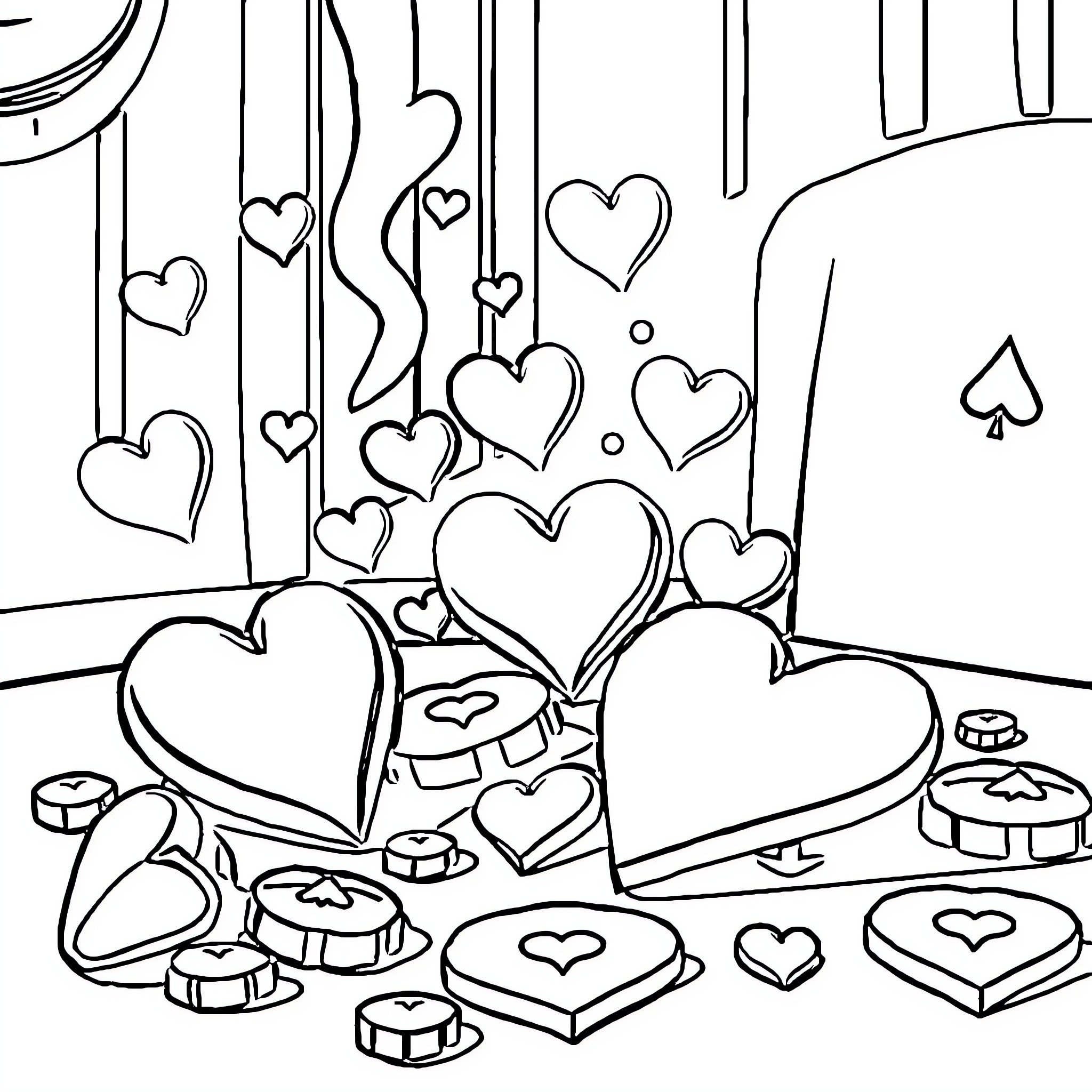 Heart and Spade - Whimsical Hearts in Motion Coloring Page (free black-and-white line drawing printable PDF for all, from beginners to advanced learners, including children, teens, adults, and seniors)