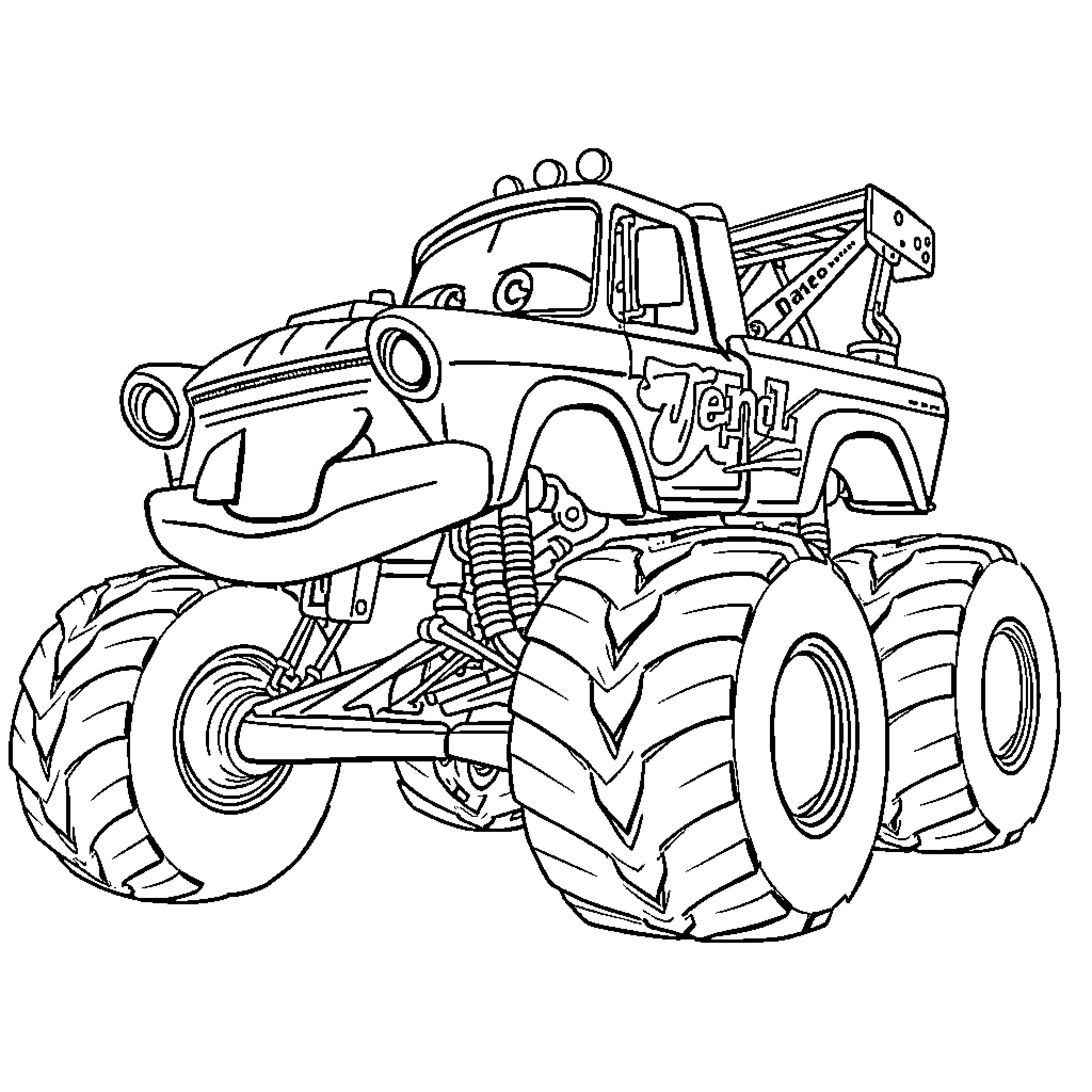 Monster Truck performs impressive stunts Coloring Page (free black-and-white line drawing printable PDF for all, from beginners to advanced learners, including children, teens, adults, and seniors)