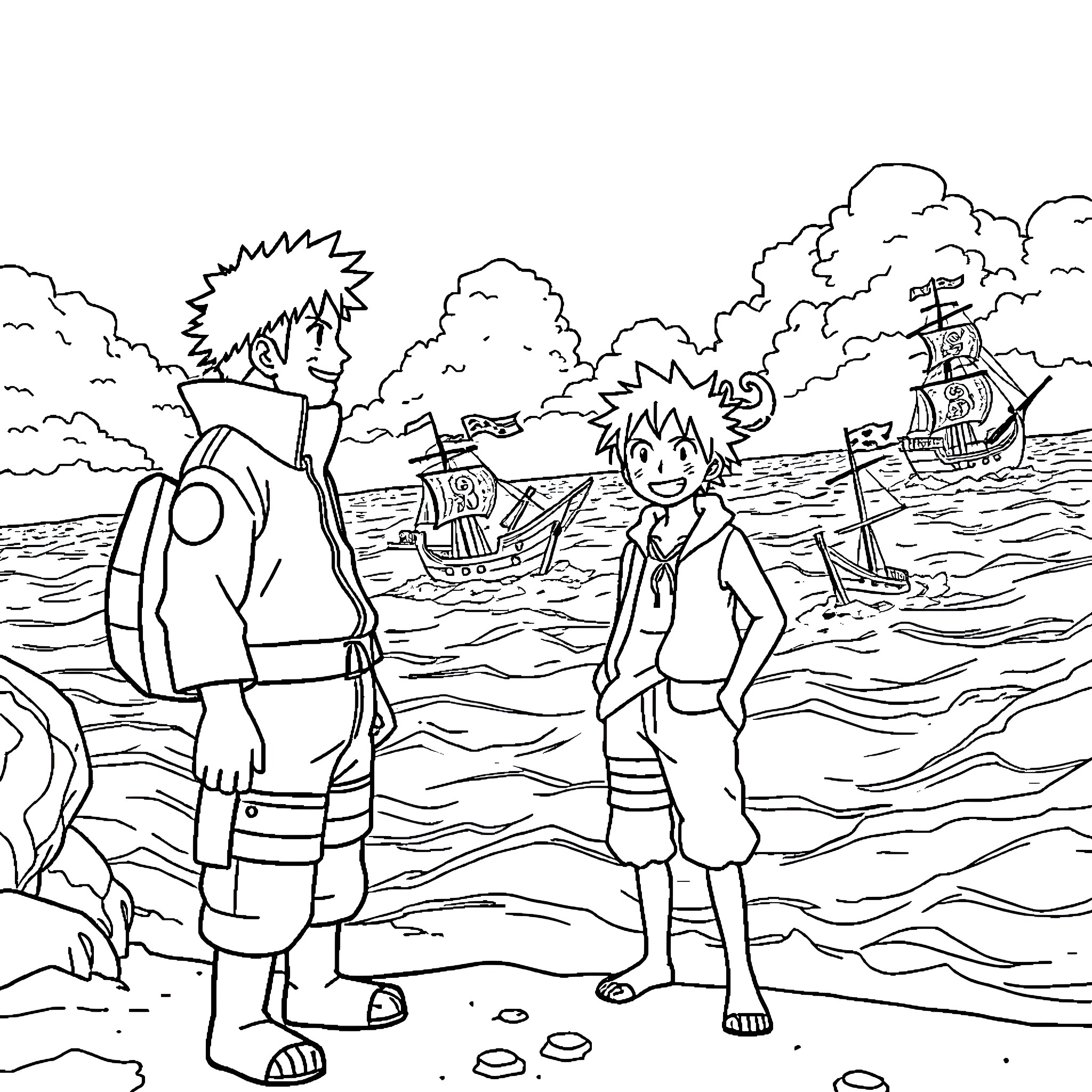 Naruto characters on a seaside adventure Coloring Page (free black-and-white line drawing printable PDF for all, from beginners to advanced learners, including children, teens, adults, and seniors)