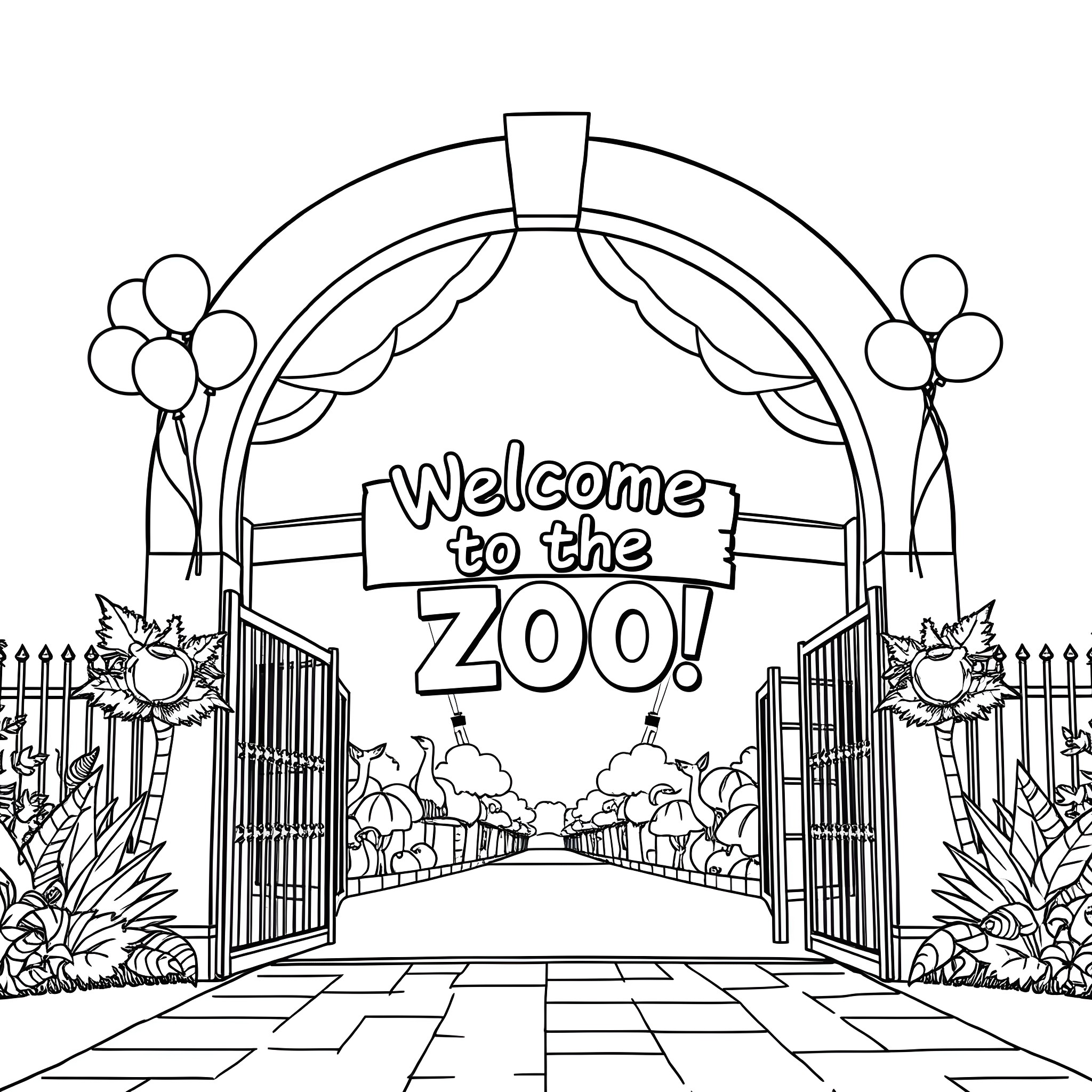 Zoo Entrance with Welcoming Gate and Festive Decorations Coloring Page (free black-and-white line drawing printable PDF for all, from beginners to advanced learners, including children, teens, adults, and seniors)