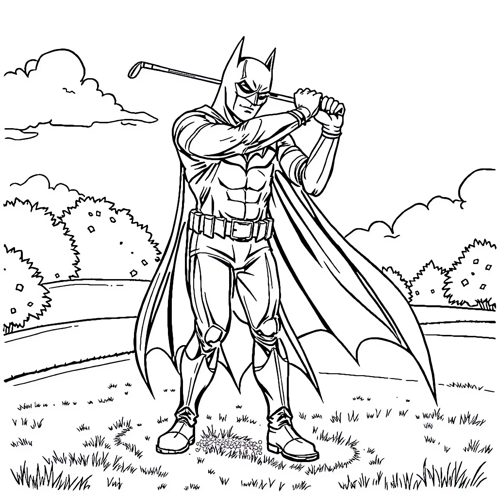 Batman standing tall and ready for action Coloring Page (free black-and-white line drawing printable PDF for all, from beginners to advanced learners, including children, teens, adults, and seniors)