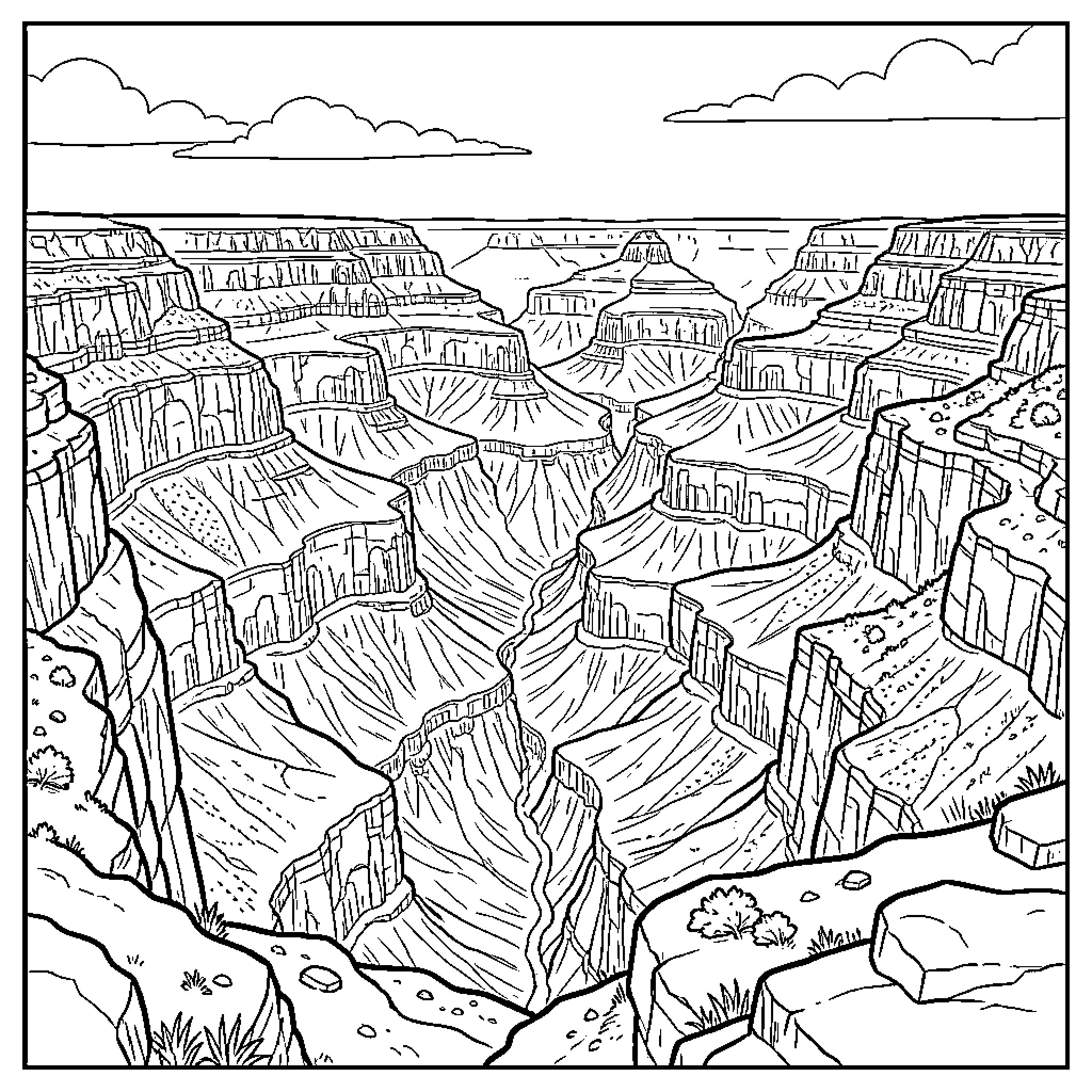 Grand Canyon landscape showcasing vast rock formations and canyons Coloring Page (free black-and-white line drawing printable PDF for all, from beginners to advanced learners, including children, teens, adults, and seniors)