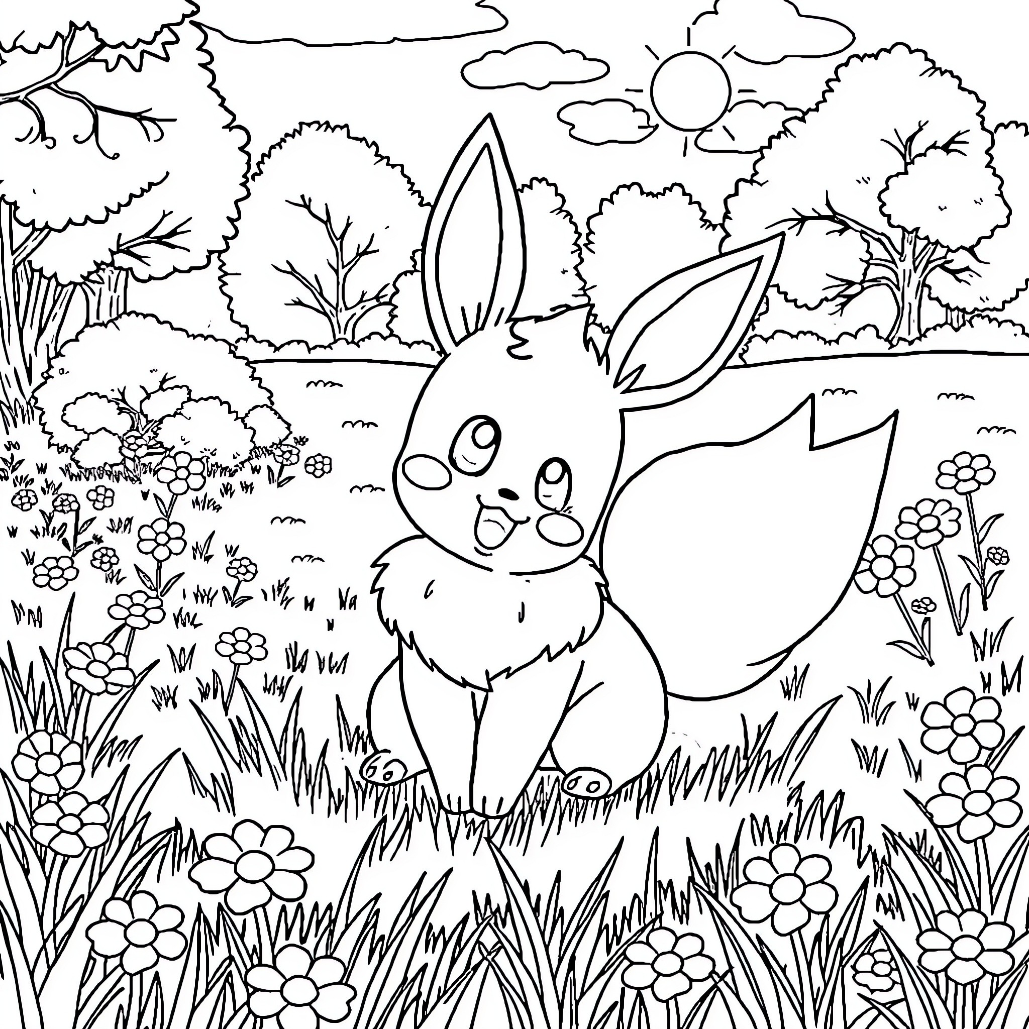 Eevee playing in the lush forest landscape Coloring Page (free black-and-white line drawing printable PDF for all, from beginners to advanced learners, including children, teens, adults, and seniors)