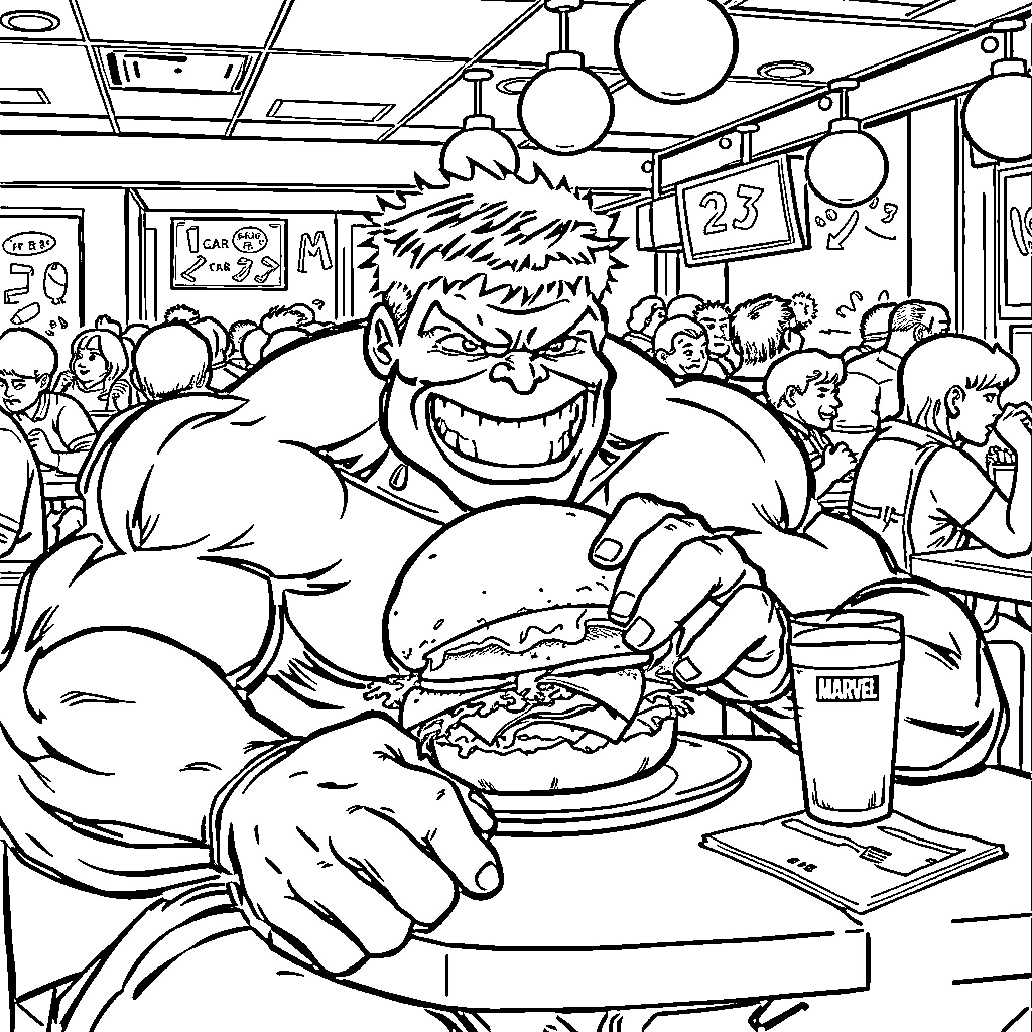 Hulk Enjoys Hearty Meal in Crowded Diner Coloring Page (free black-and-white line drawing printable PDF for all, from beginners to advanced learners, including children, teens, adults, and seniors)