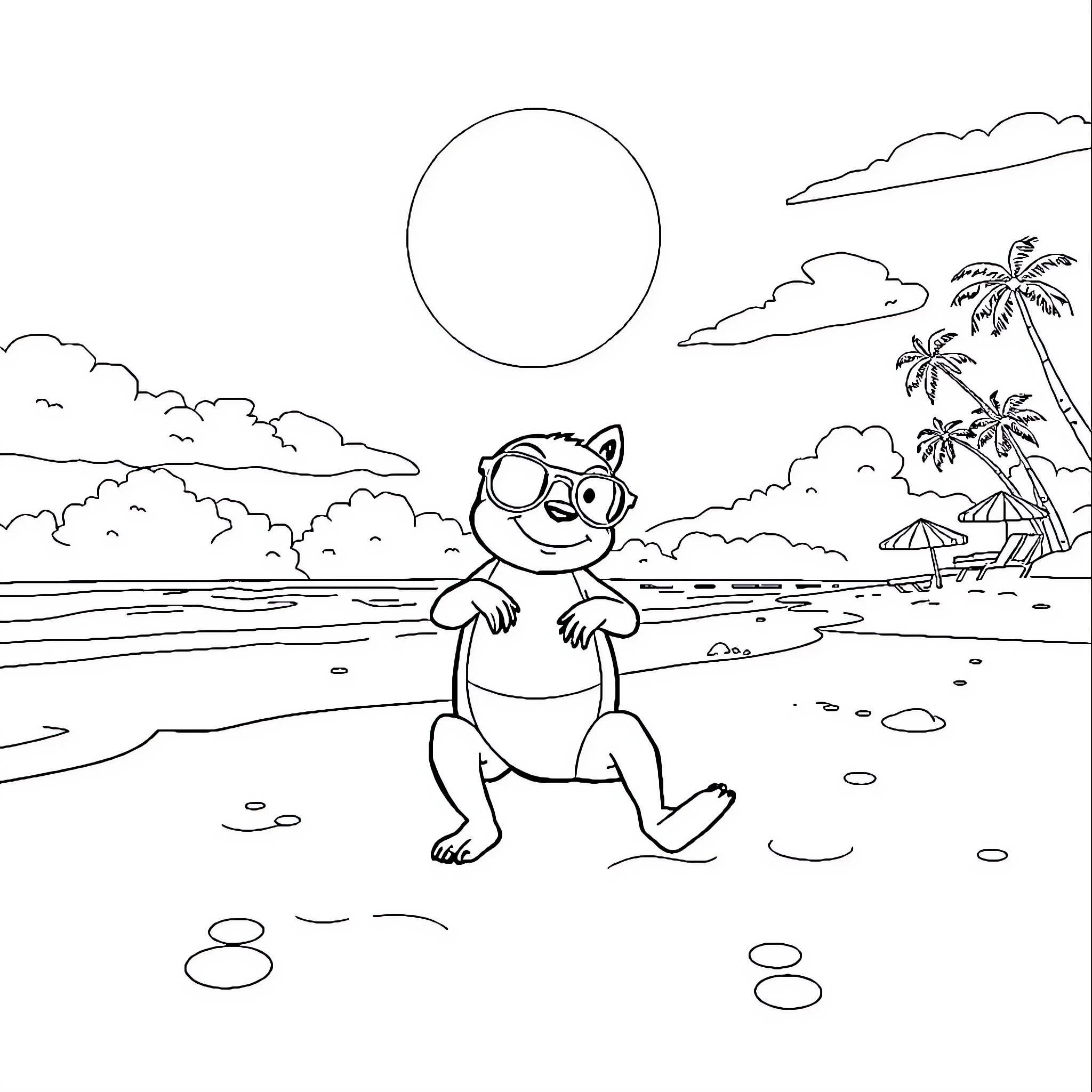 Paw Patrol character enjoying a sunny beach day Coloring Page (free black-and-white line drawing printable PDF for all, from beginners to advanced learners, including children, teens, adults, and seniors)