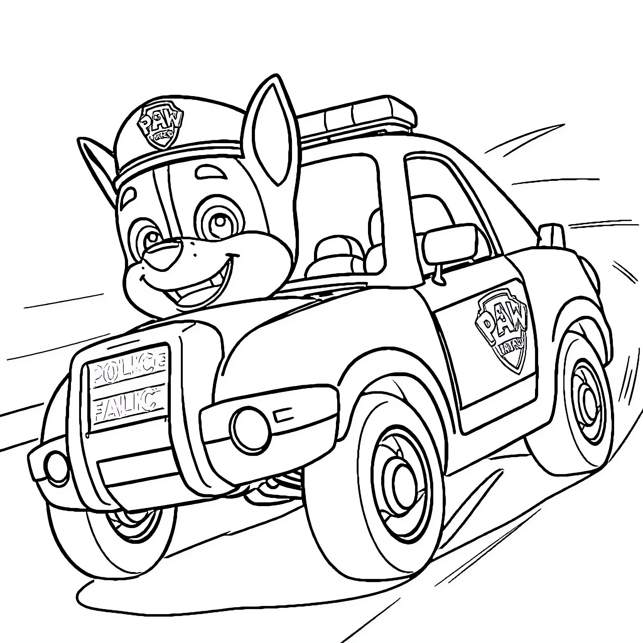 Chase the puppy police officer on patrol Coloring Page (free black-and-white line drawing printable PDF for all, from beginners to advanced learners, including children, teens, adults, and seniors)