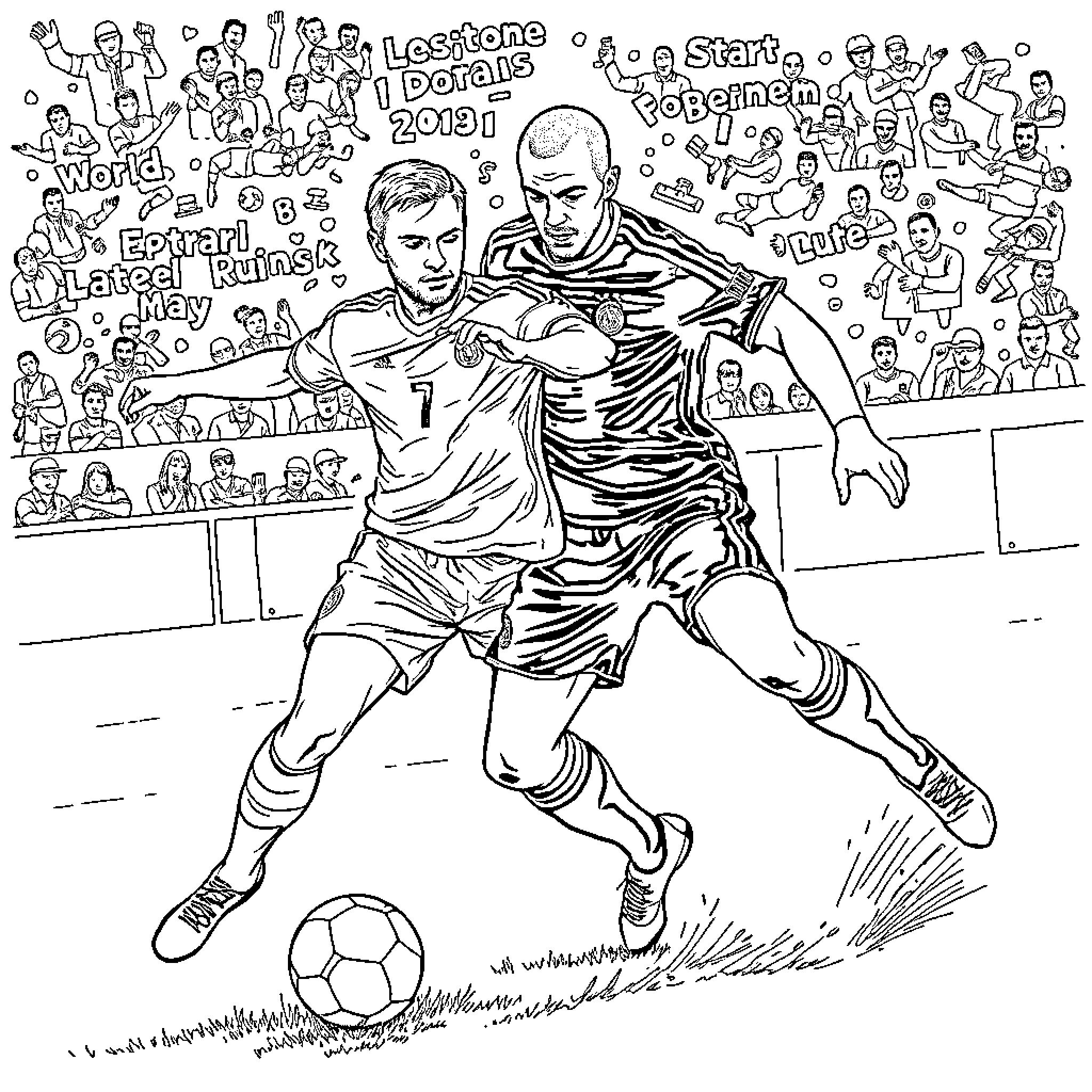 Football players in action on the field Coloring Page (free black-and-white line drawing printable PDF for all, from beginners to advanced learners, including children, teens, adults, and seniors)