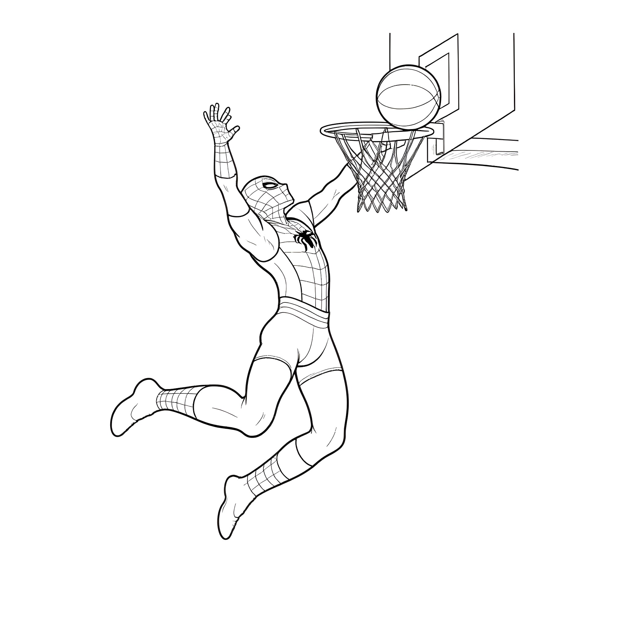 Spider-Man slam dunking a basketball Coloring Page (free black-and-white line drawing printable PDF for all, from beginners to advanced learners, including children, teens, adults, and seniors)