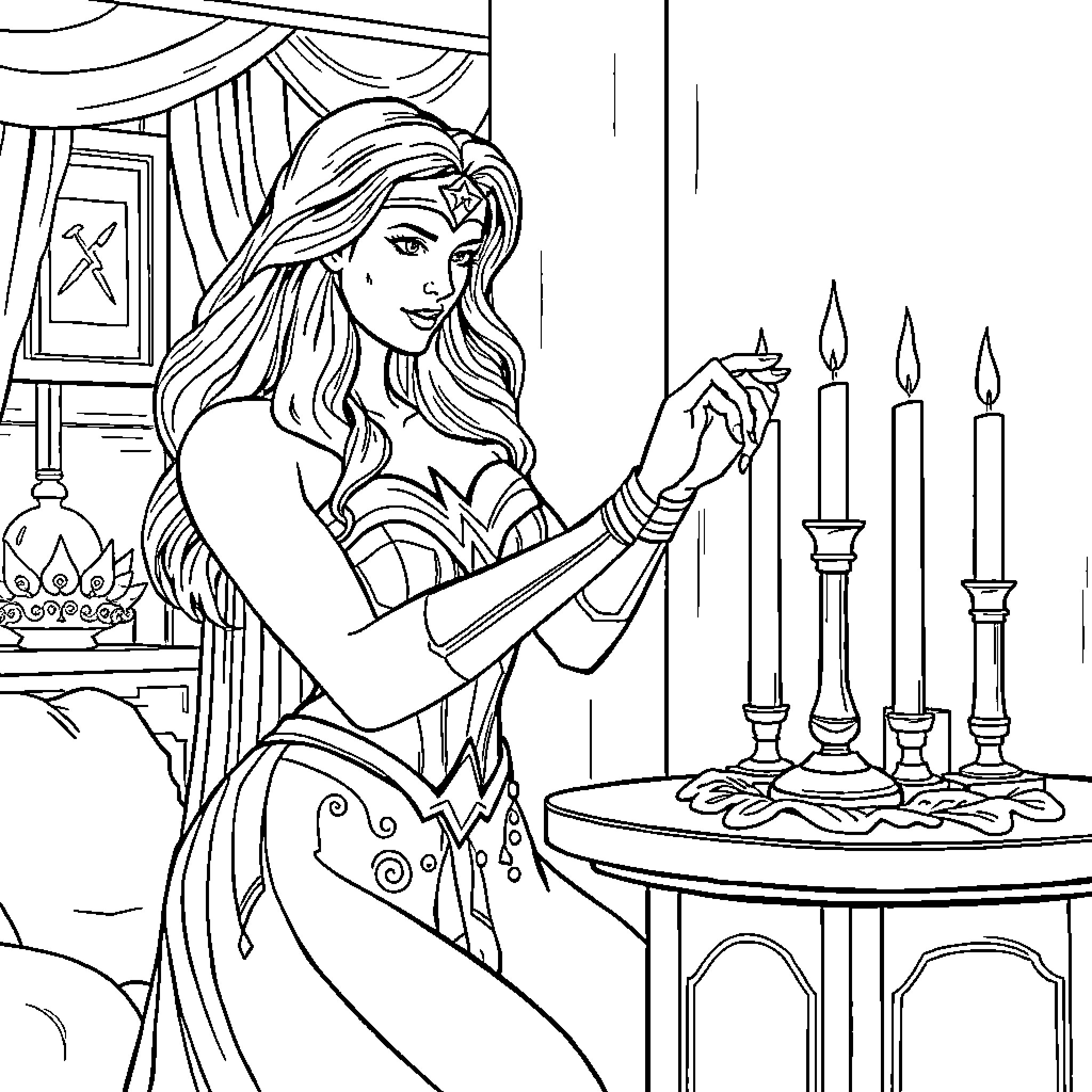 Wonder Woman in Regal Attire Lighting Candles Coloring Page (free black-and-white line drawing printable PDF for all, from beginners to advanced learners, including children, teens, adults, and seniors)