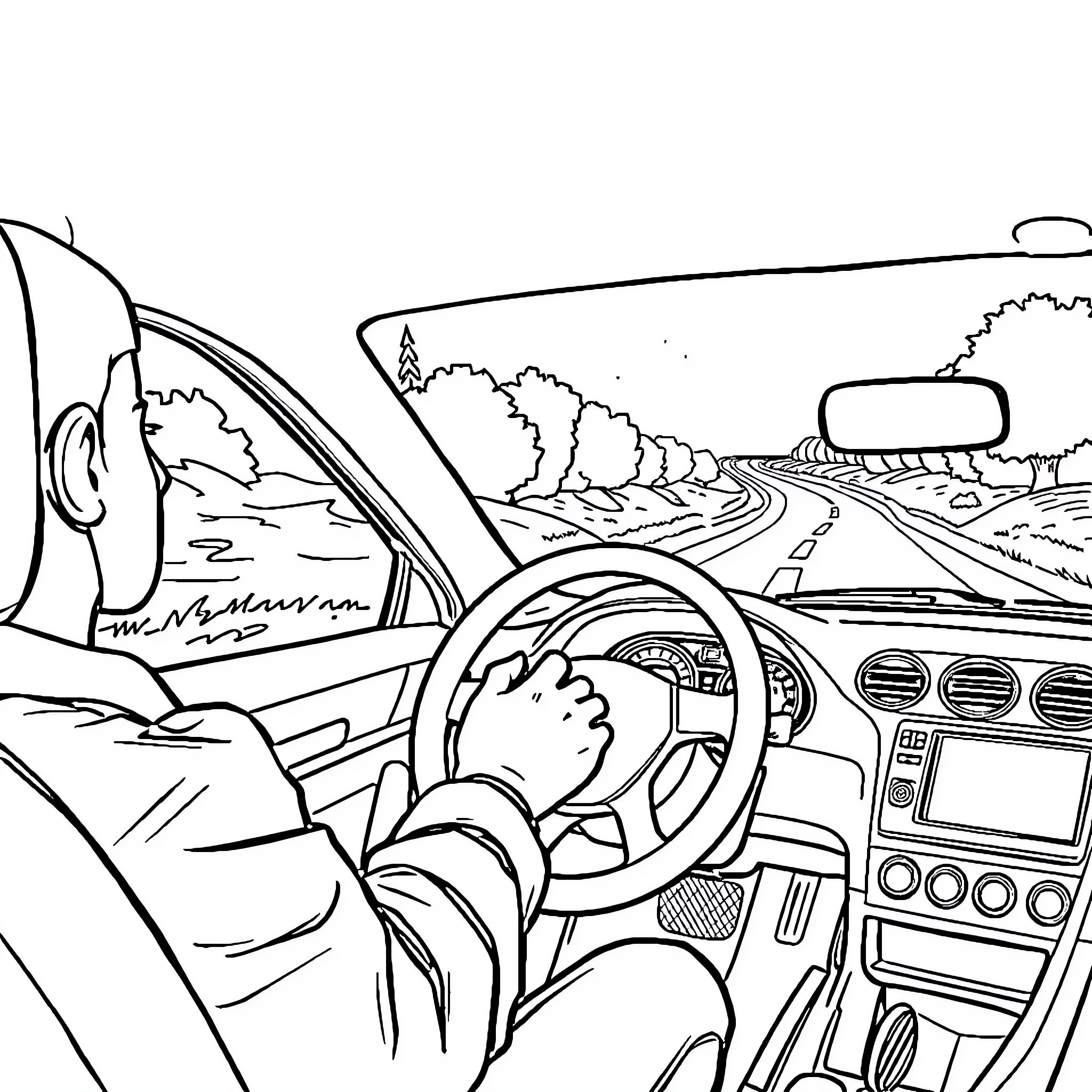 Anime character driving through scenic road Coloring Page (free black-and-white line drawing printable PDF for all, from beginners to advanced learners, including children, teens, adults, and seniors)