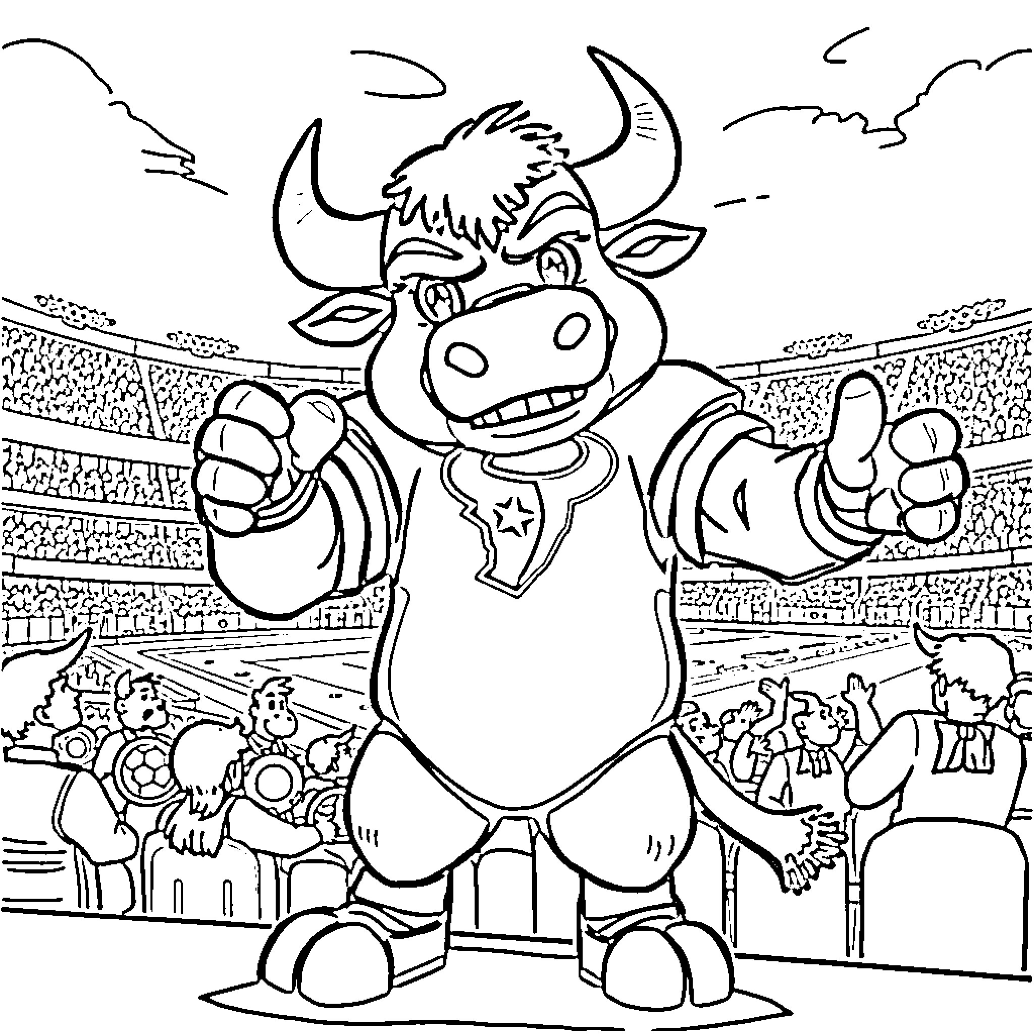 Toro the Strong Bull Cheered in the Arena Coloring Page (free black-and-white line drawing printable PDF for all, from beginners to advanced learners, including children, teens, adults, and seniors)