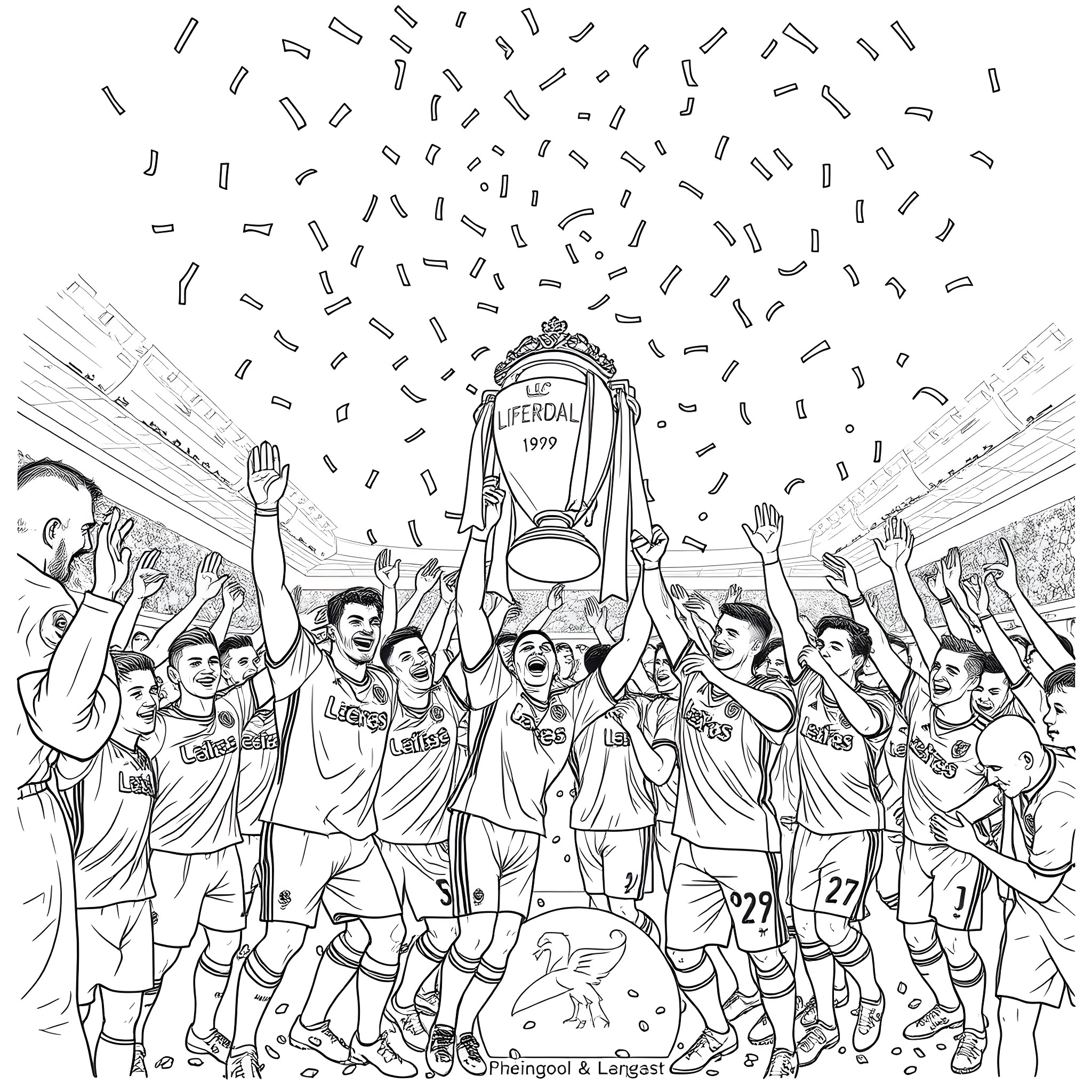 LFC Celebrate Victory with Raised Trophy Coloring Page (free black-and-white line drawing printable PDF for all, from beginners to advanced learners, including children, teens, adults, and seniors)