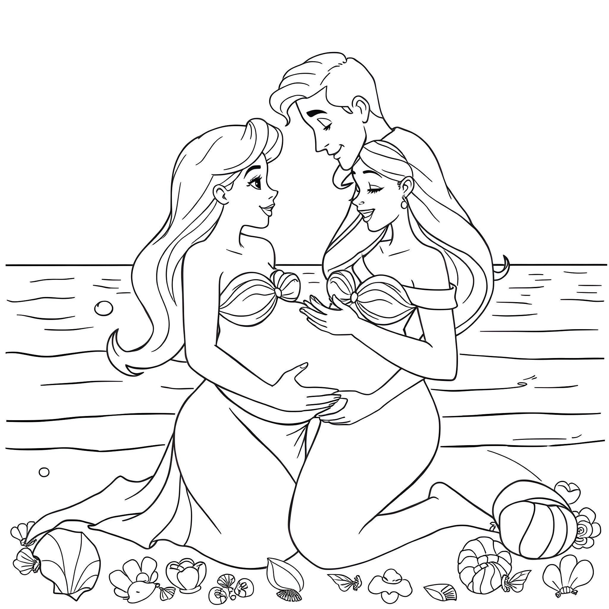 Ariel and Mermaids Enjoying the Underwater Scenery Coloring Page (free black-and-white line drawing printable PDF for all, from beginners to advanced learners, including children, teens, adults, and seniors)