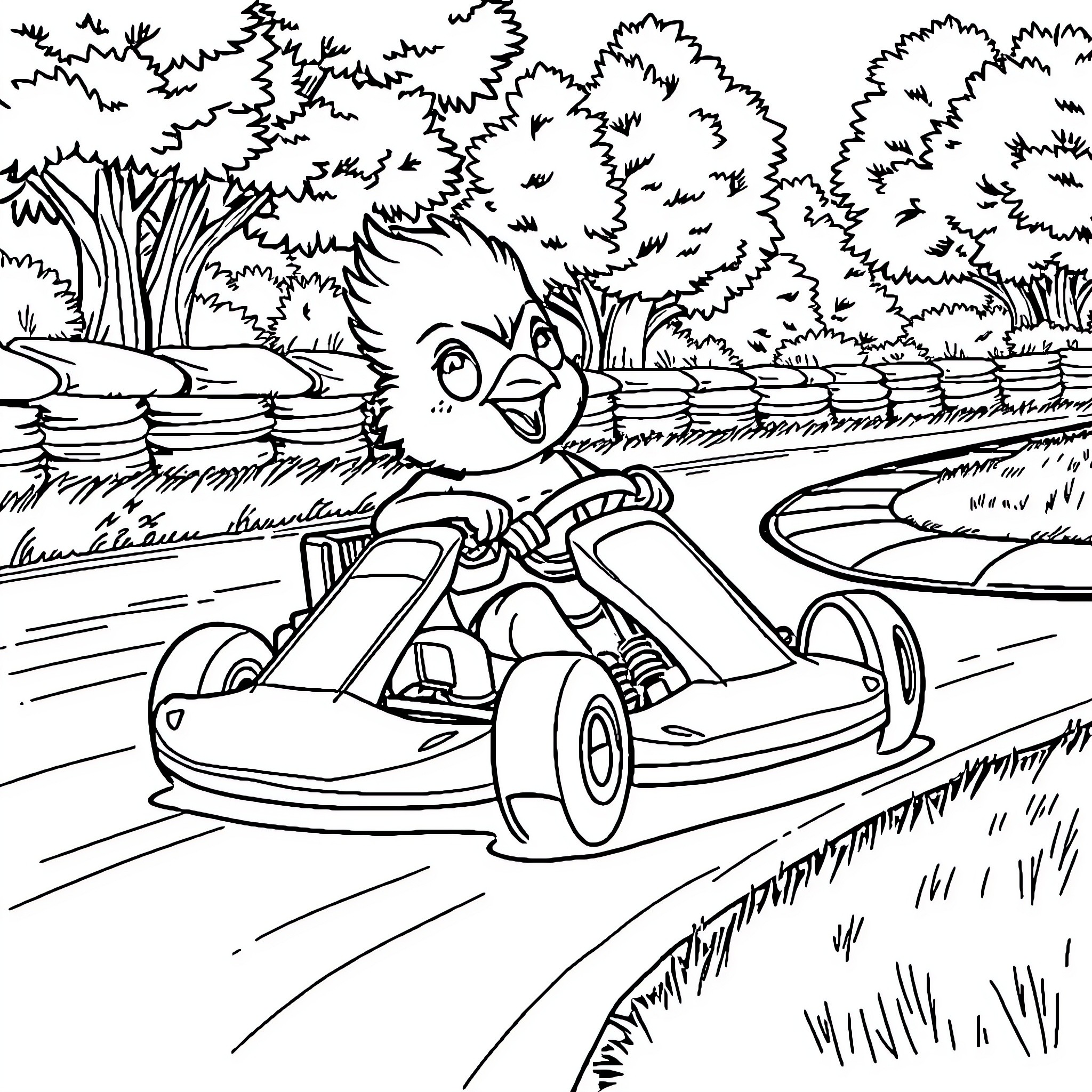 Squirrel racing cheerfully in a go-kart through the forest Coloring Page (free black-and-white line drawing printable PDF for all, from beginners to advanced learners, including children, teens, adults, and seniors)