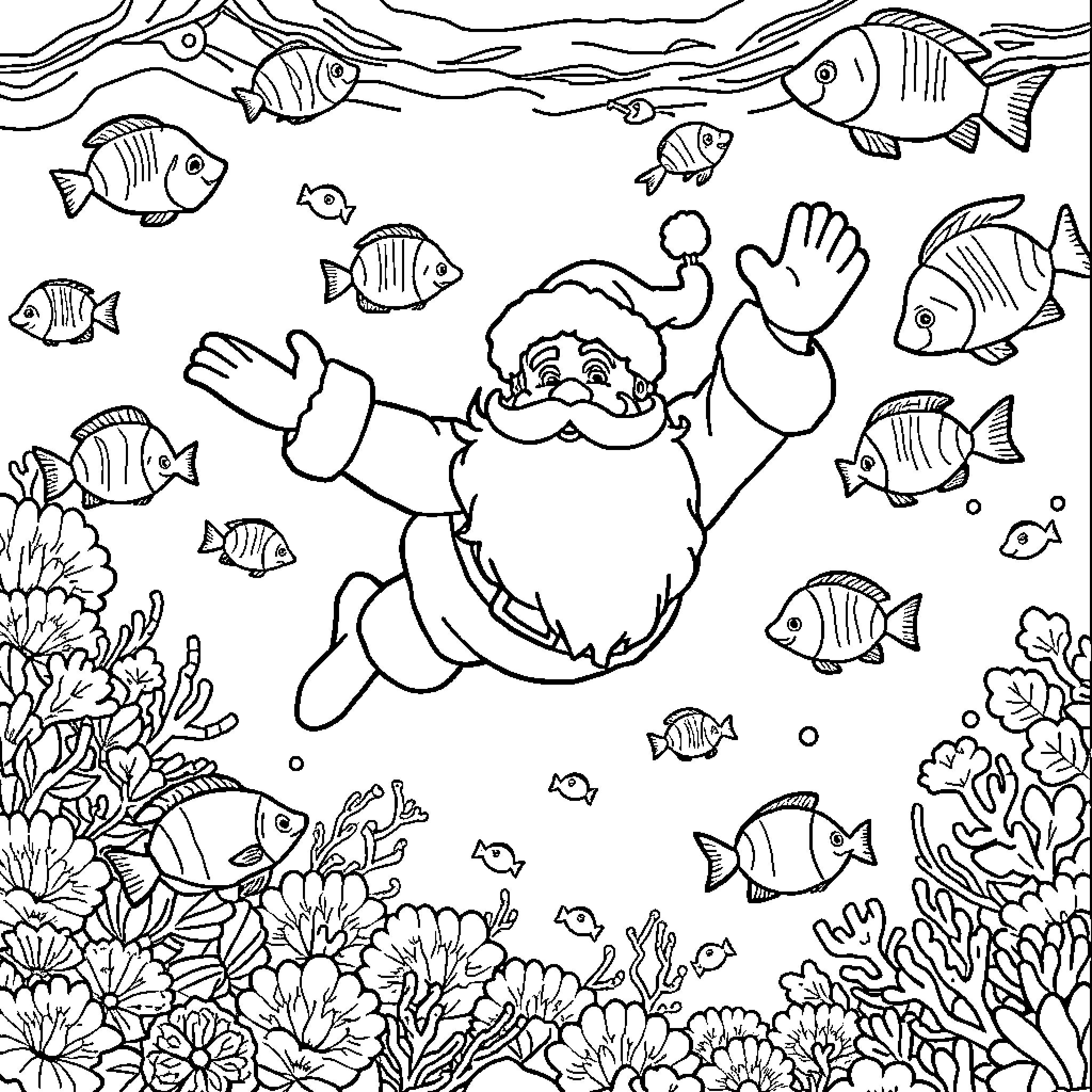 Santa swimming joyfully with tropical fish Coloring Page (free black-and-white line drawing printable PDF for all, from beginners to advanced learners, including children, teens, adults, and seniors)