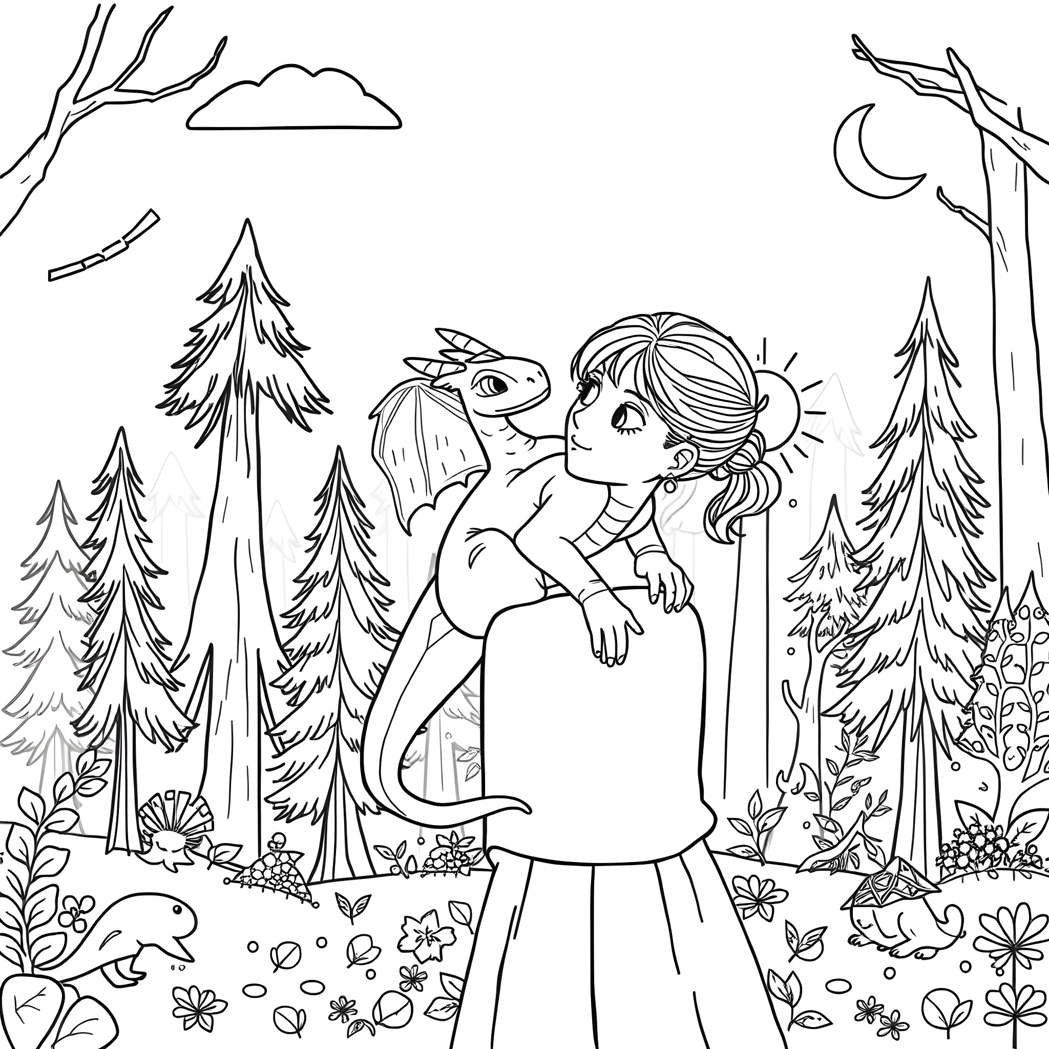 Dragon Girl Playing with a Magical Creature in the Forest Coloring Page (free black-and-white line drawing printable PDF for all, from beginners to advanced learners, including children, teens, adults, and seniors)