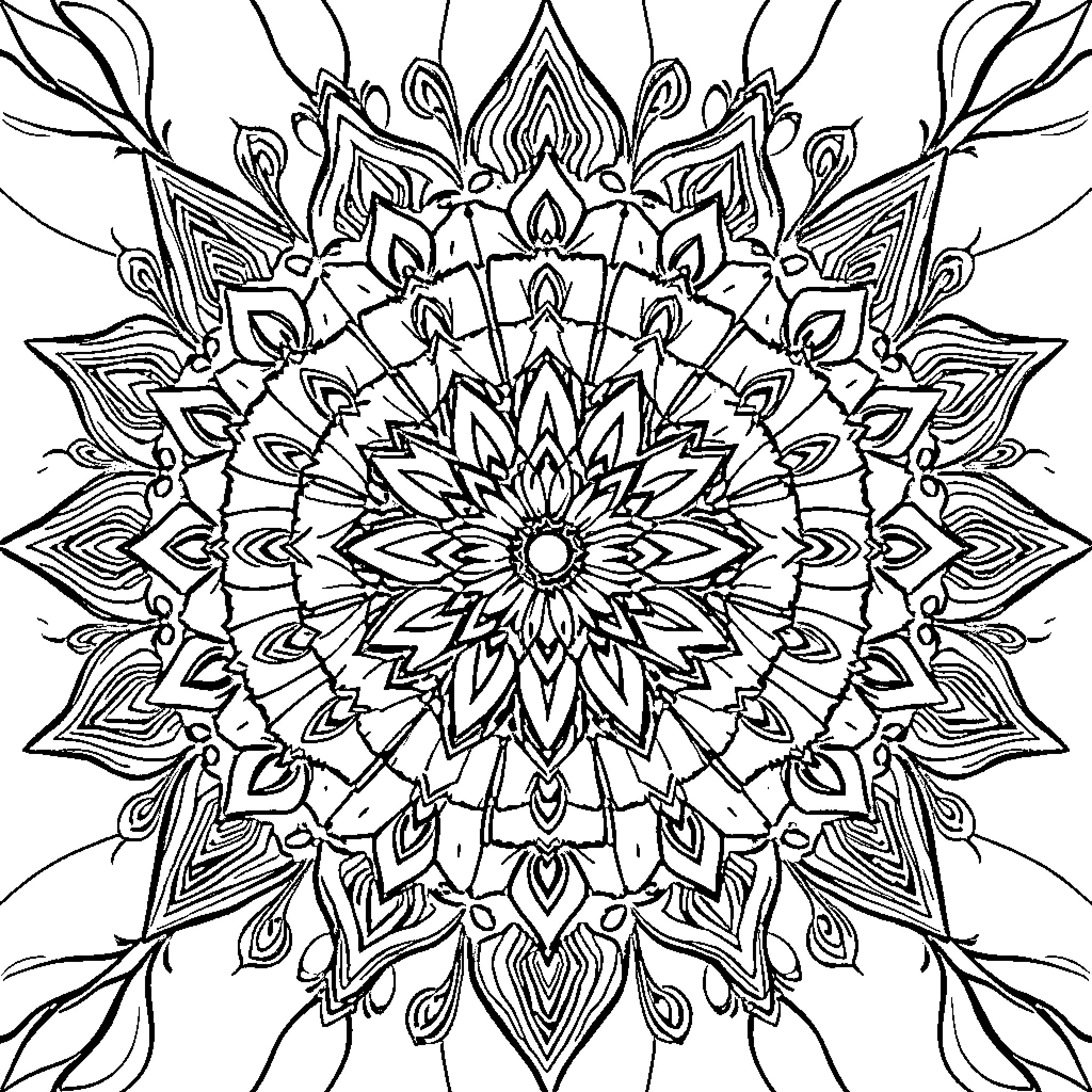 Mandala of intricate floral symmetry Coloring Page (free black-and-white line drawing printable PDF for all, from beginners to advanced learners, including children, teens, adults, and seniors)