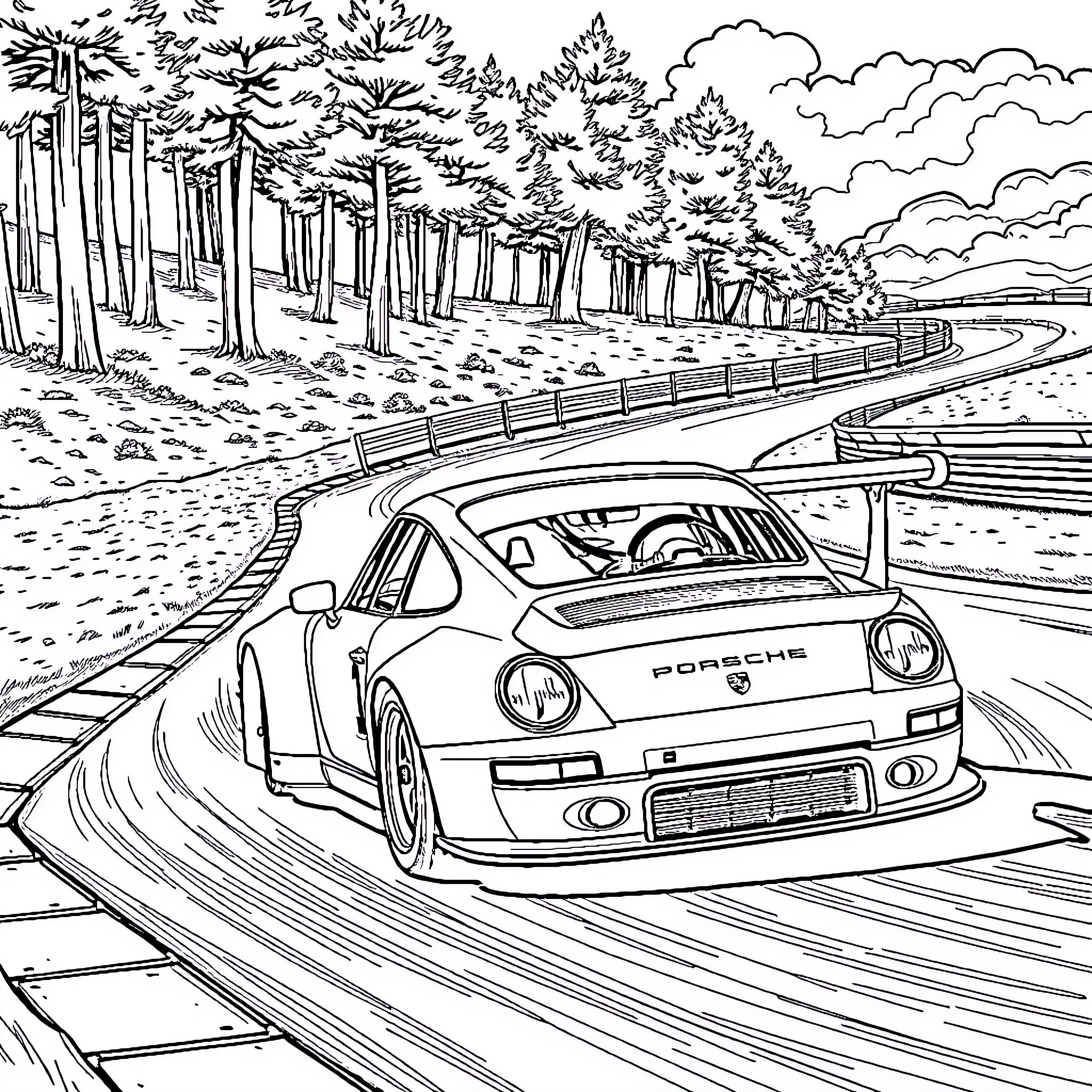 Porsche racing through winding forest road Coloring Page (free black-and-white line drawing printable PDF for all, from beginners to advanced learners, including children, teens, adults, and seniors)