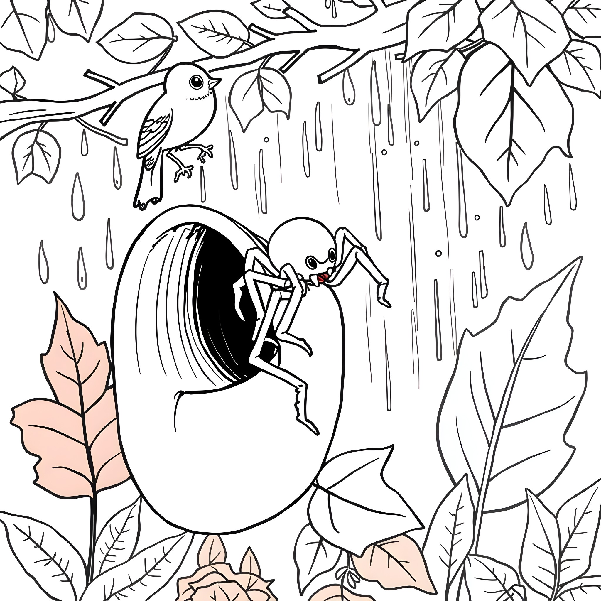 Spider sneaking out of a rainy hideout Coloring Page (free black-and-white line drawing printable PDF for all, from beginners to advanced learners, including children, teens, adults, and seniors)