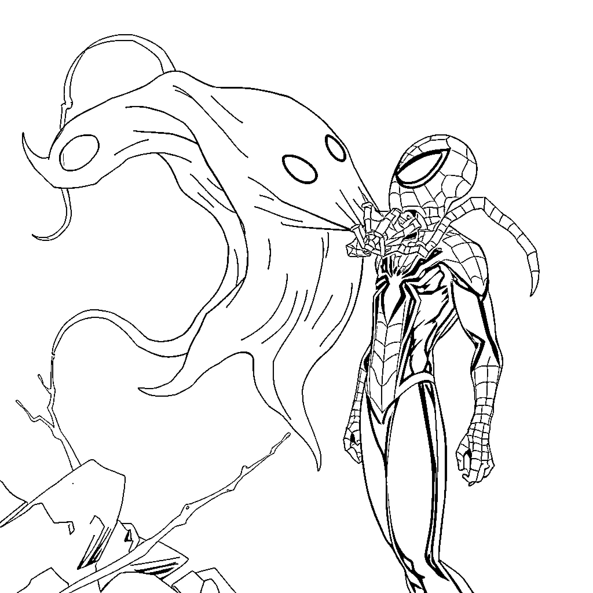 Ghost Spider battles a monstrous foe Coloring Page (free black-and-white line drawing printable PDF for all, from beginners to advanced learners, including children, teens, adults, and seniors)