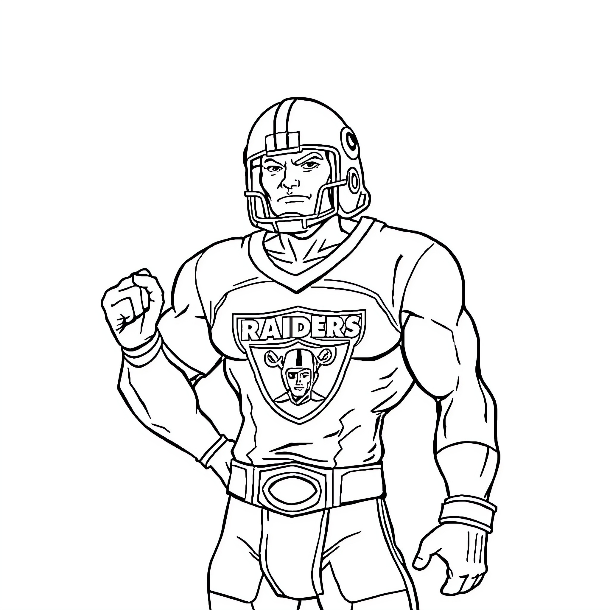 He-Man in Raiders Football Uniform Coloring Page (free black-and-white line drawing printable PDF for all, from beginners to advanced learners, including children, teens, adults, and seniors)