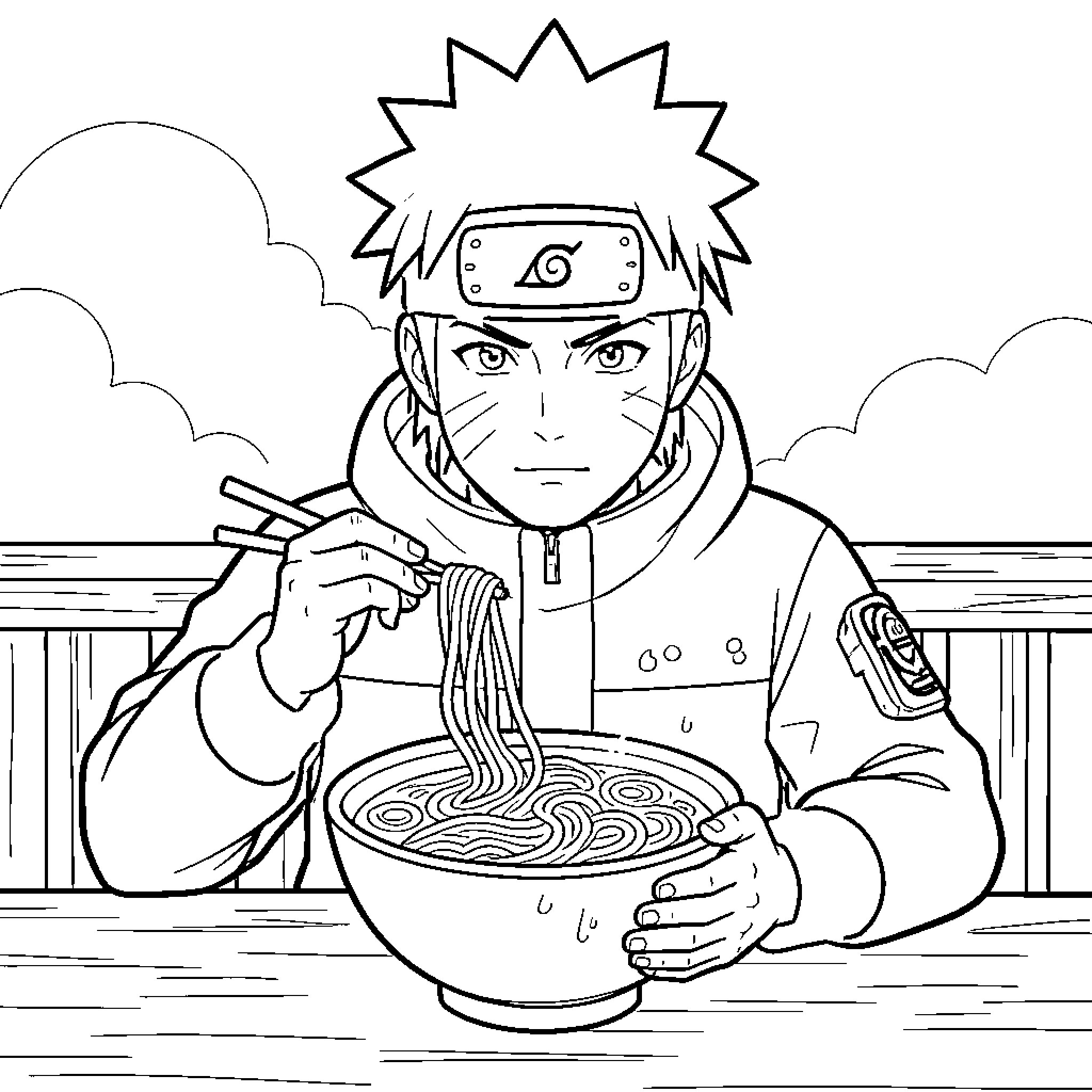 Naruto eating a large bowl of ramen noodles Coloring Page (free black-and-white line drawing printable PDF for all, from beginners to advanced learners, including children, teens, adults, and seniors)