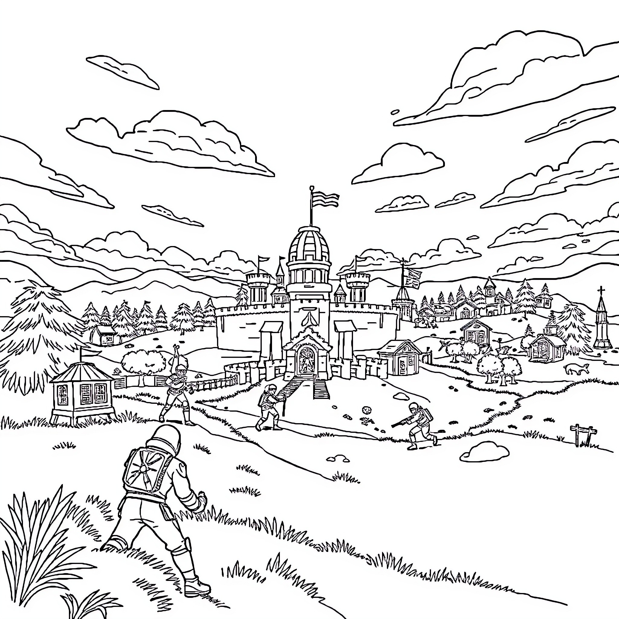 Fortnite players exploring a fantastical game world Coloring Page (free black-and-white line drawing printable PDF for all, from beginners to advanced learners, including children, teens, adults, and seniors)