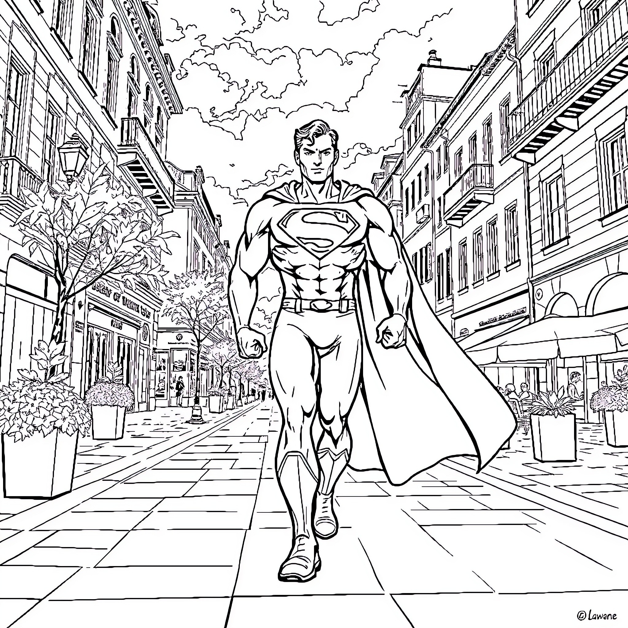 Superman walks confidently through the city streets Coloring Page (free black-and-white line drawing printable PDF for all, from beginners to advanced learners, including children, teens, adults, and seniors)
