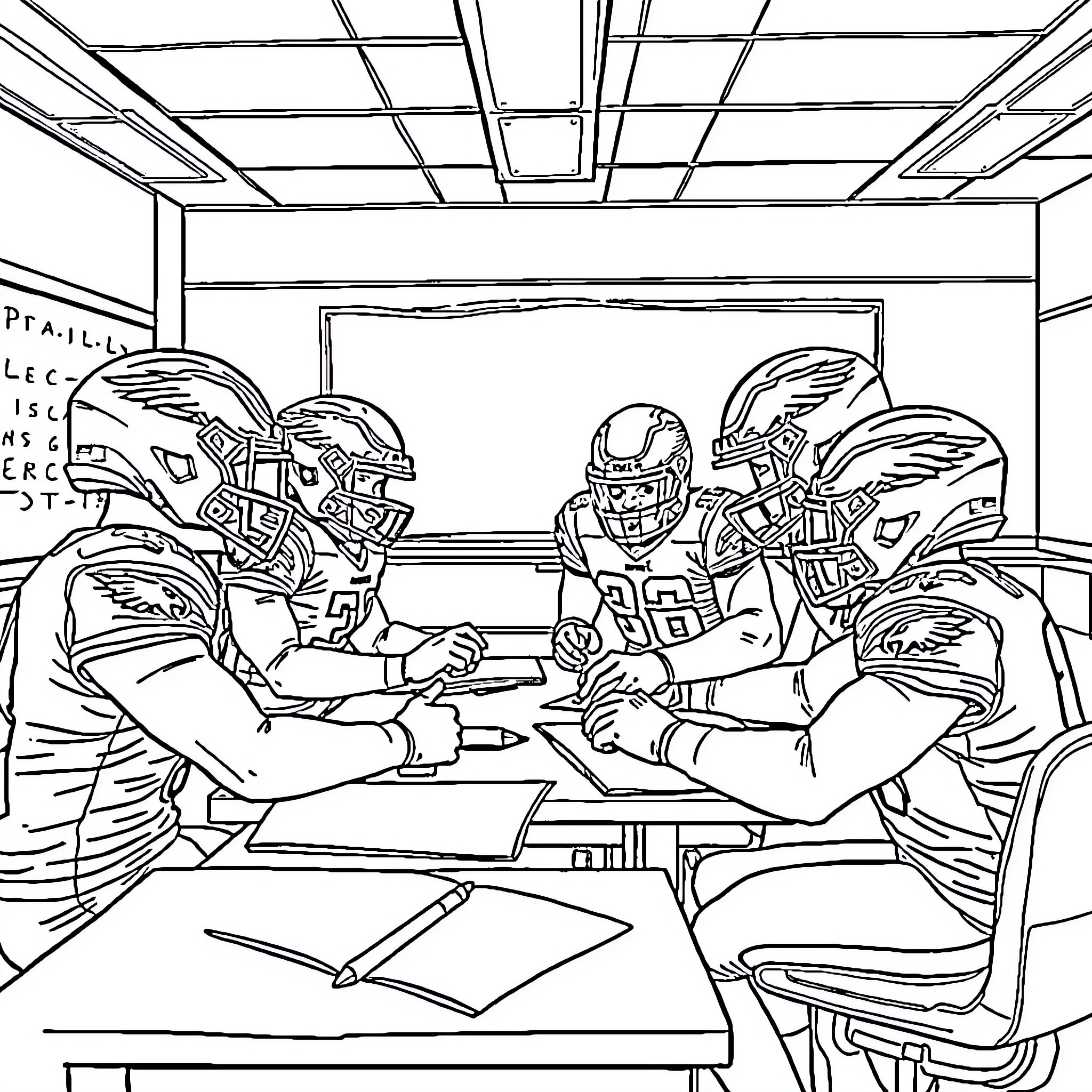 Eagle football players strategizing in the locker room Coloring Page (free black-and-white line drawing printable PDF for all, from beginners to advanced learners, including children, teens, adults, and seniors)