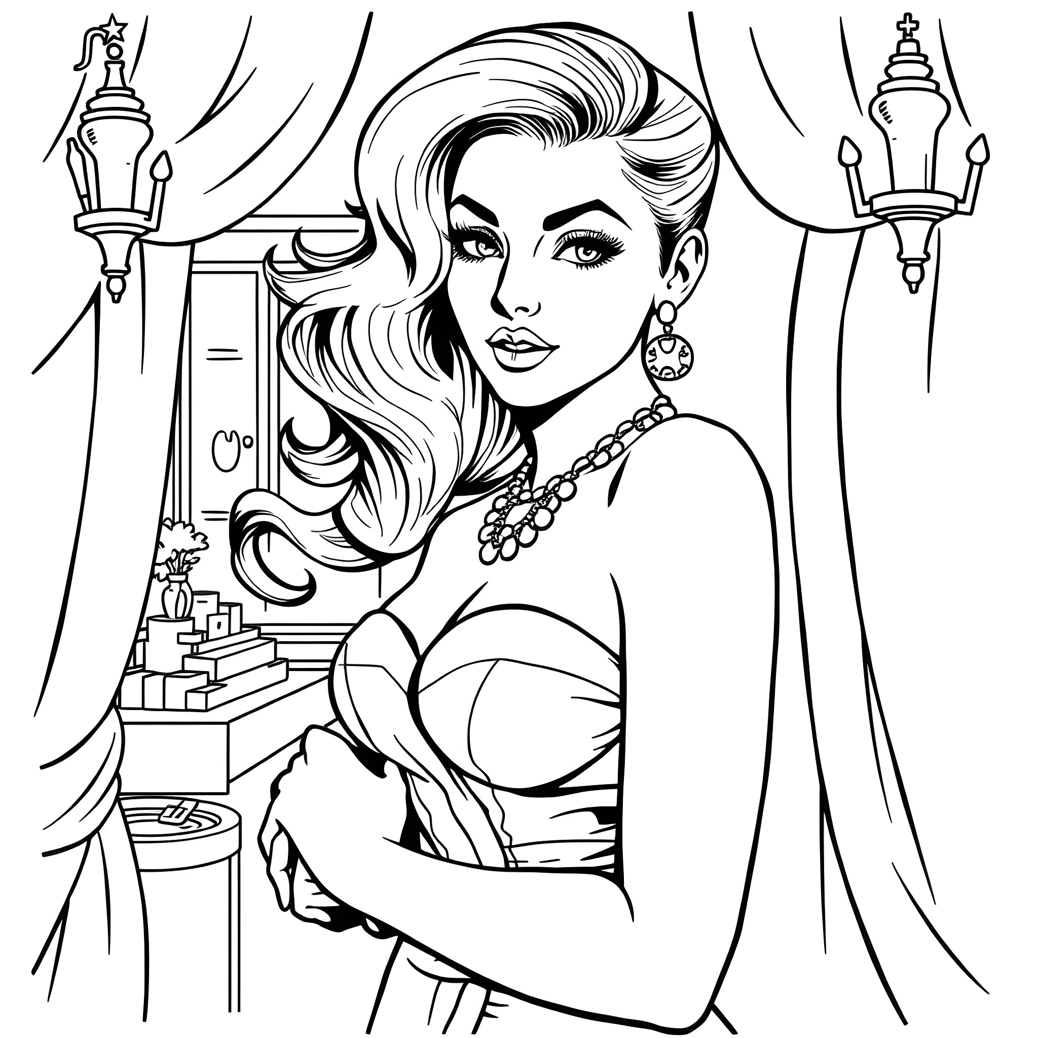 Pin Up Girl in Glamorous Pose Coloring Page (free black-and-white line drawing printable PDF for all, from beginners to advanced learners, including children, teens, adults, and seniors)