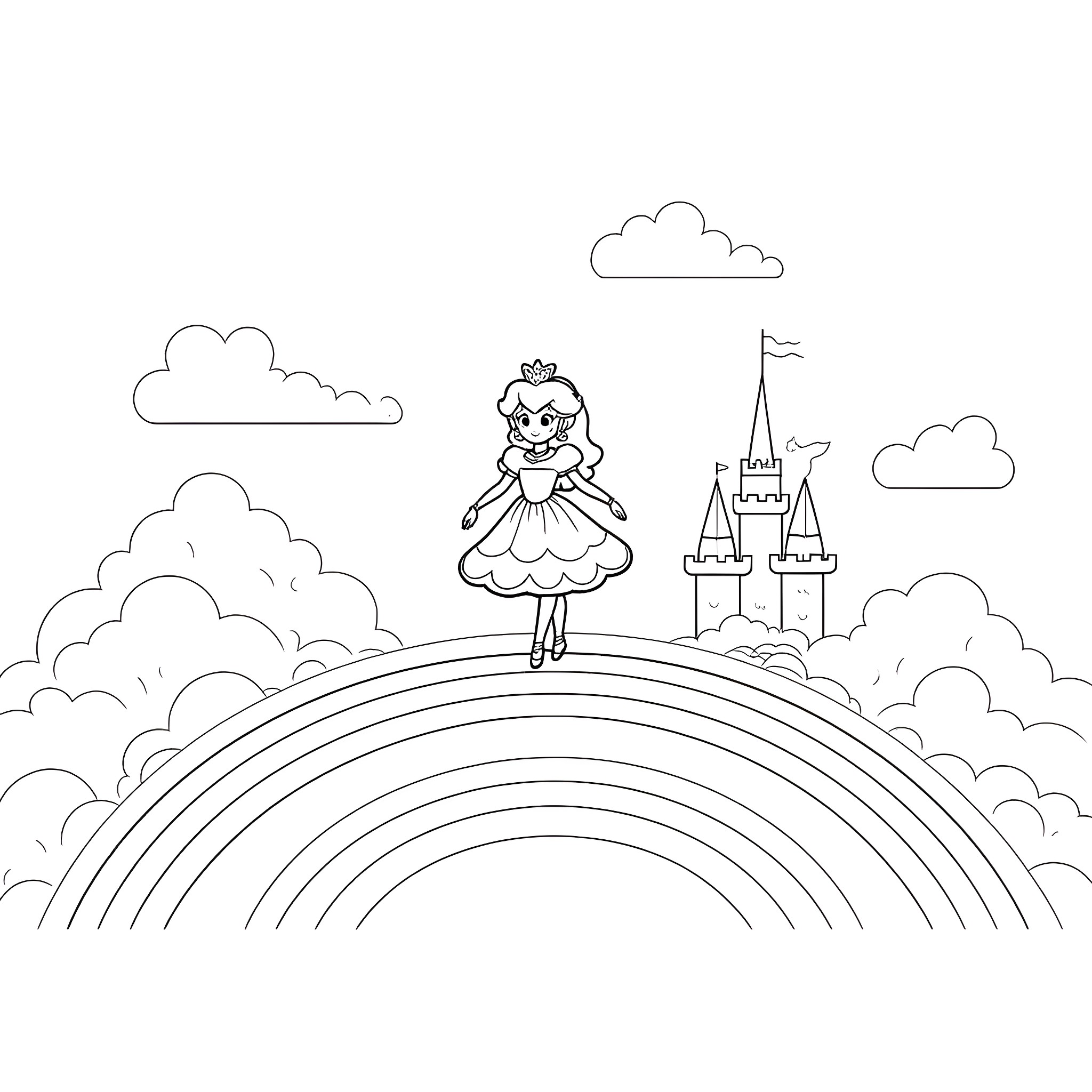 Princess in a fairytale landscape Coloring Page (free black-and-white line drawing printable PDF for all, from beginners to advanced learners, including children, teens, adults, and seniors)