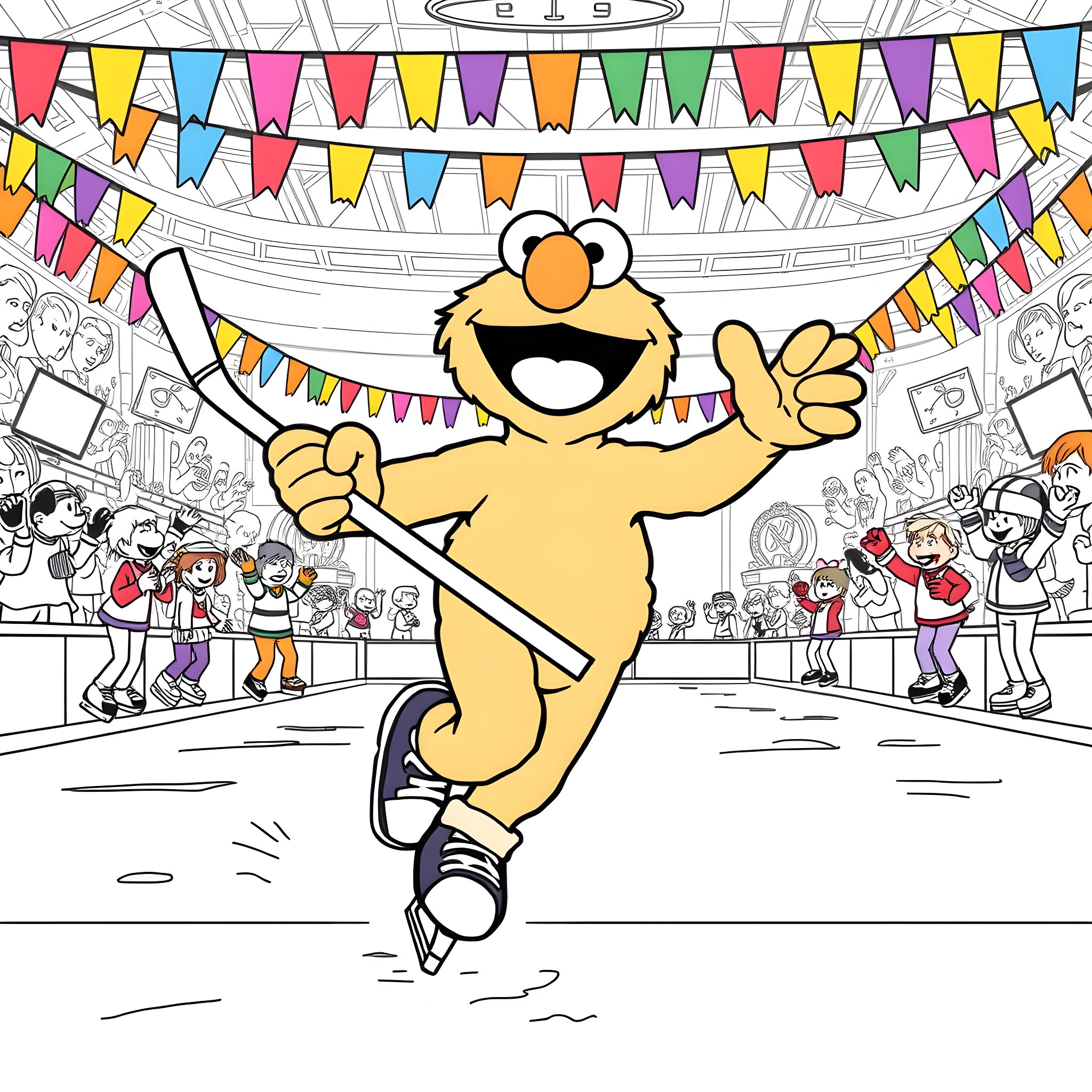 Elmo joyfully celebrating at a party with colorful decorations Coloring Page (free black-and-white line drawing printable PDF for all, from beginners to advanced learners, including children, teens, adults, and seniors)