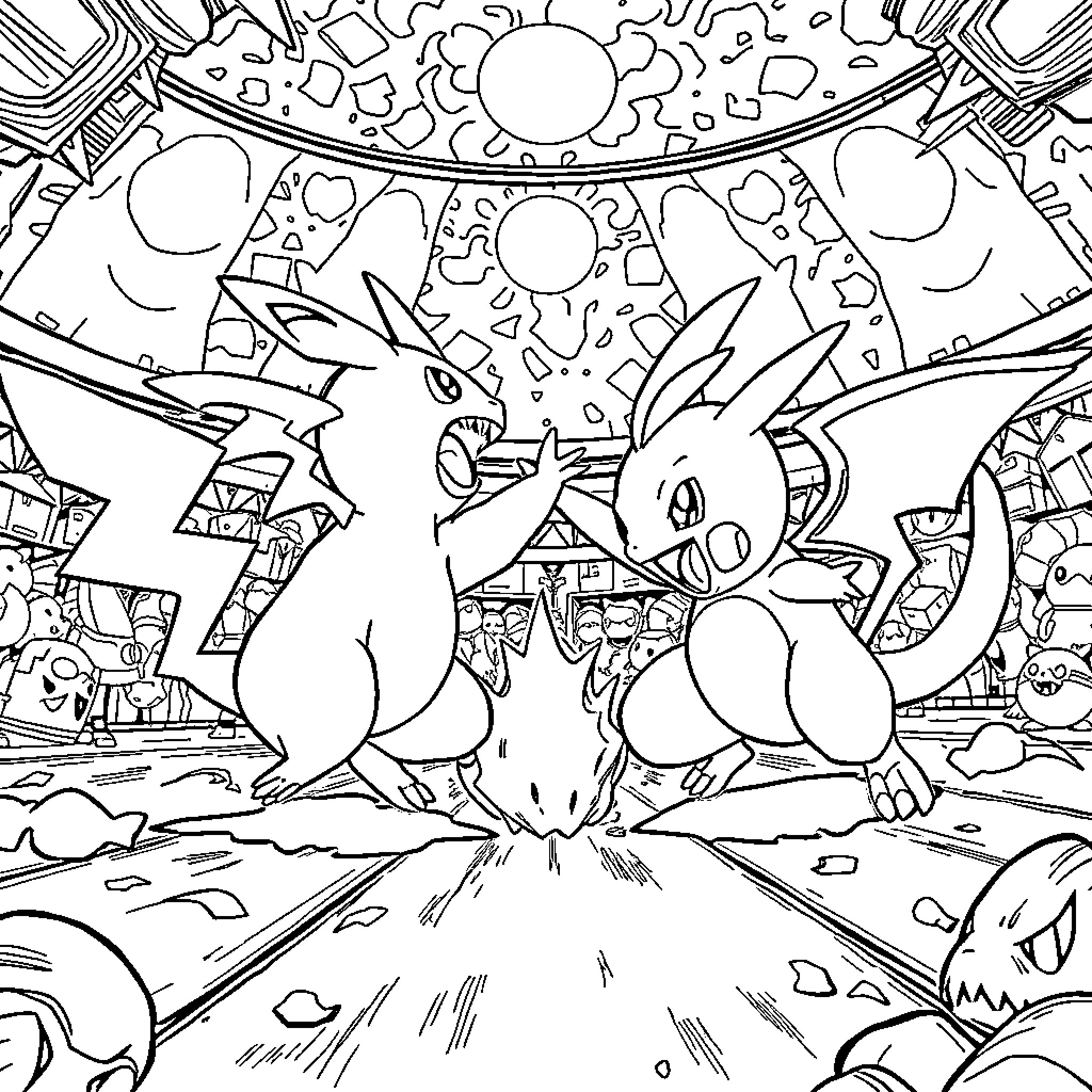 Pokémon Characters in Action Packed Scene Coloring Page (free black-and-white line drawing printable PDF for all, from beginners to advanced learners, including children, teens, adults, and seniors)