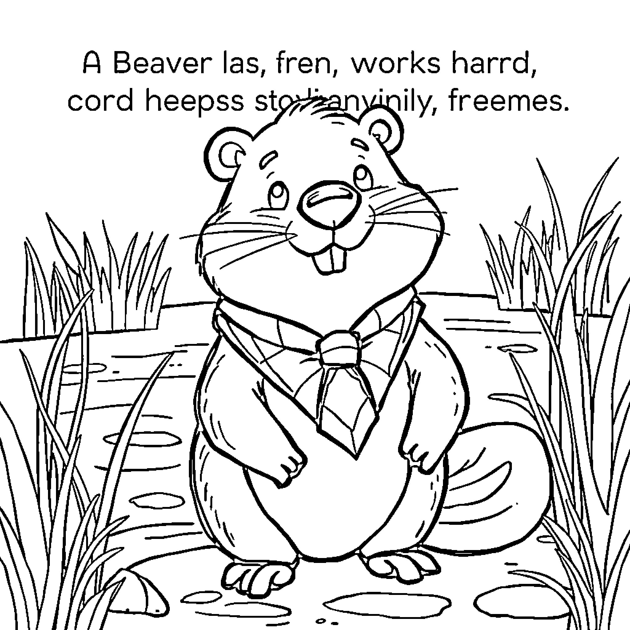 Beaver hard at work, constructing and preening Coloring Page (free black-and-white line drawing printable PDF for all, from beginners to advanced learners, including children, teens, adults, and seniors)