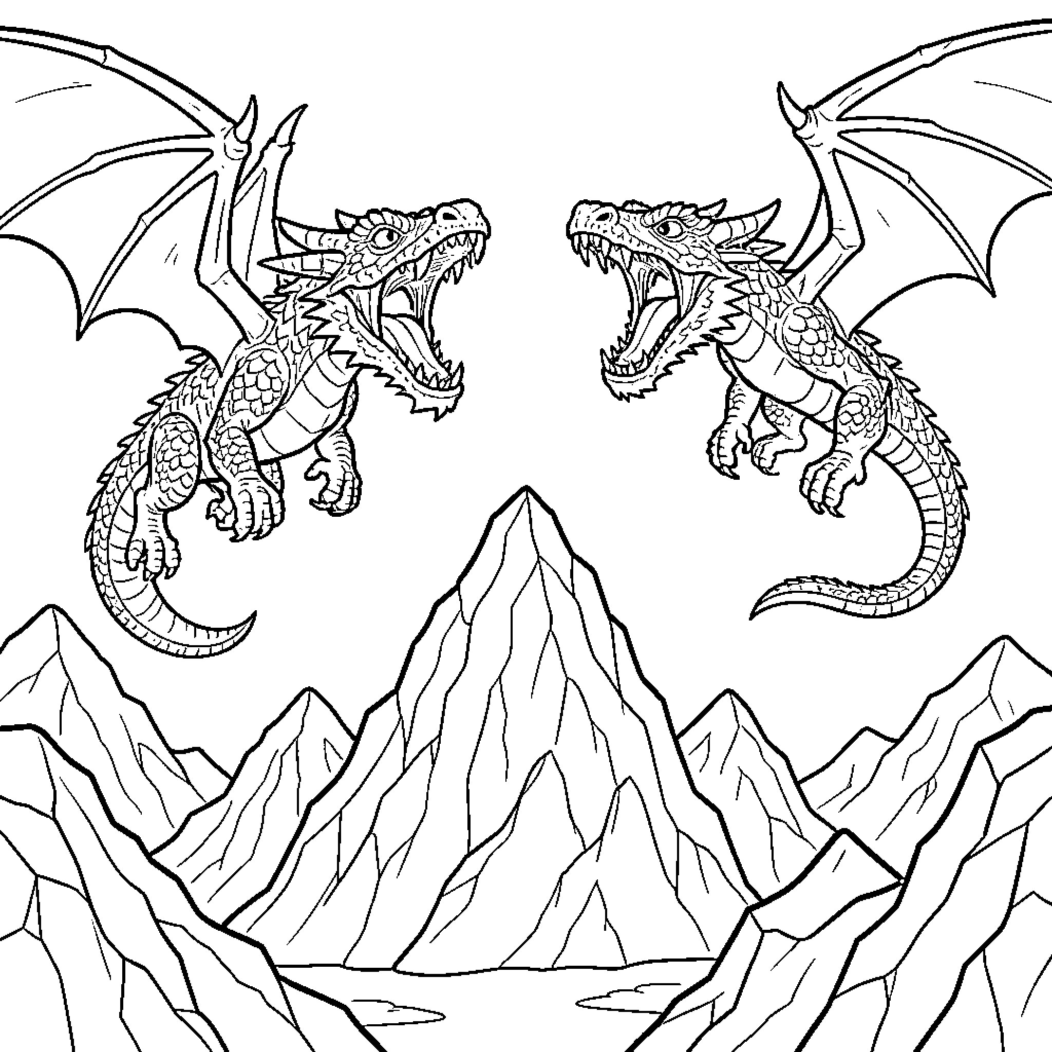 Dragon creatures facing off over mountain peaks Coloring Page (free black-and-white line drawing printable PDF for all, from beginners to advanced learners, including children, teens, adults, and seniors)