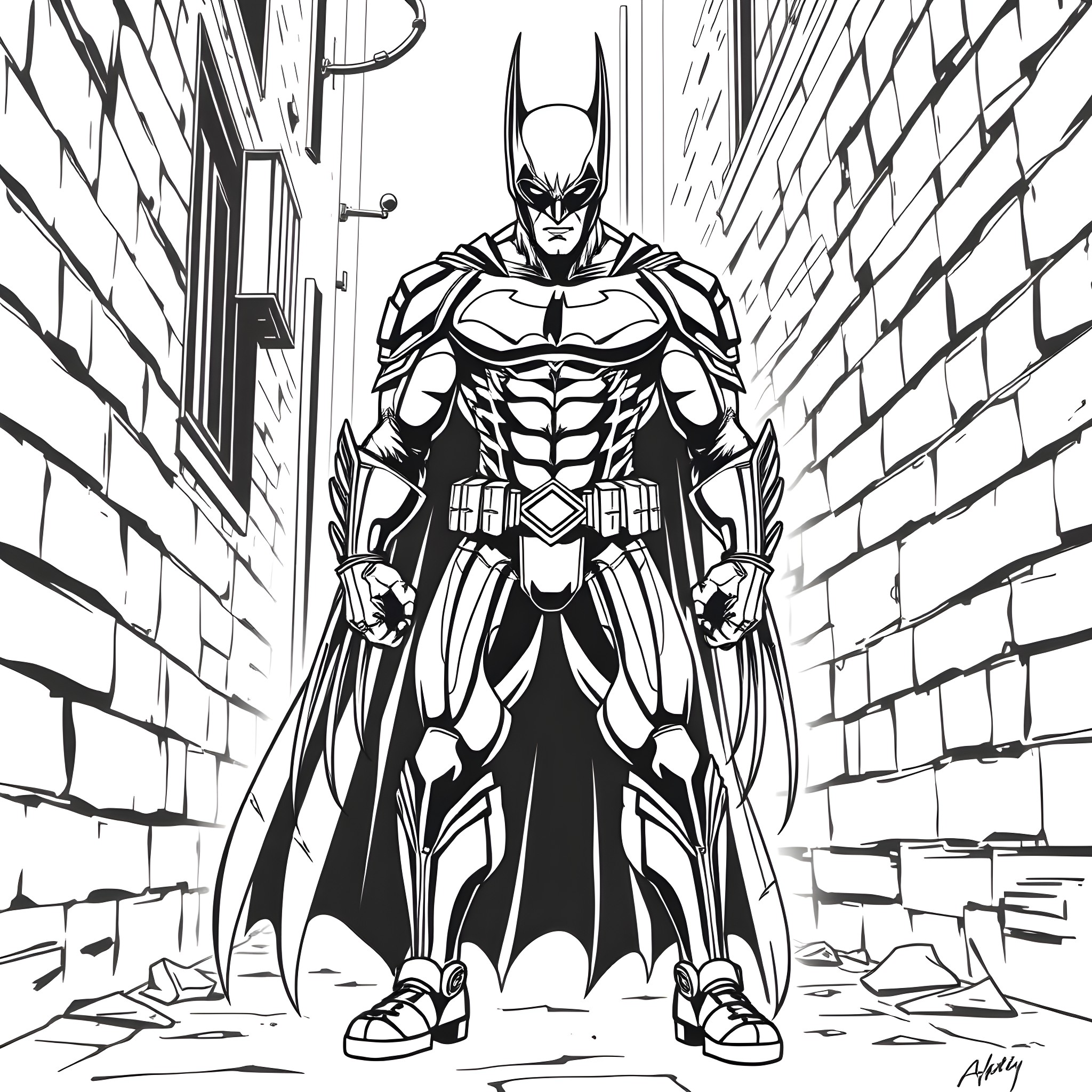 Dark Claw Hero in Gritty Urban Alley Coloring Page (free black-and-white line drawing printable PDF for all, from beginners to advanced learners, including children, teens, adults, and seniors)