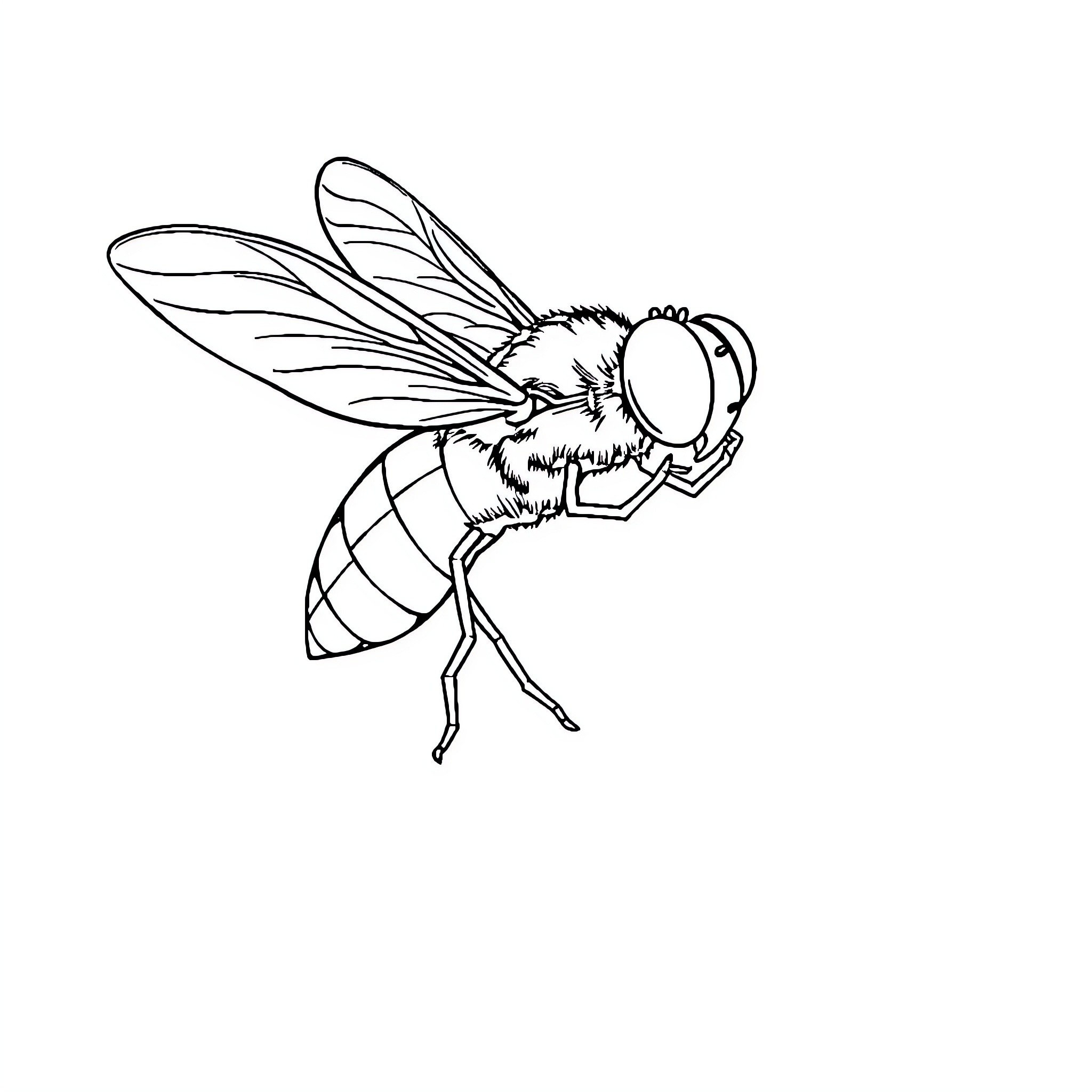 Fly buzzing with curiosity Coloring Page (free black-and-white line drawing printable PDF for all, from beginners to advanced learners, including children, teens, adults, and seniors)