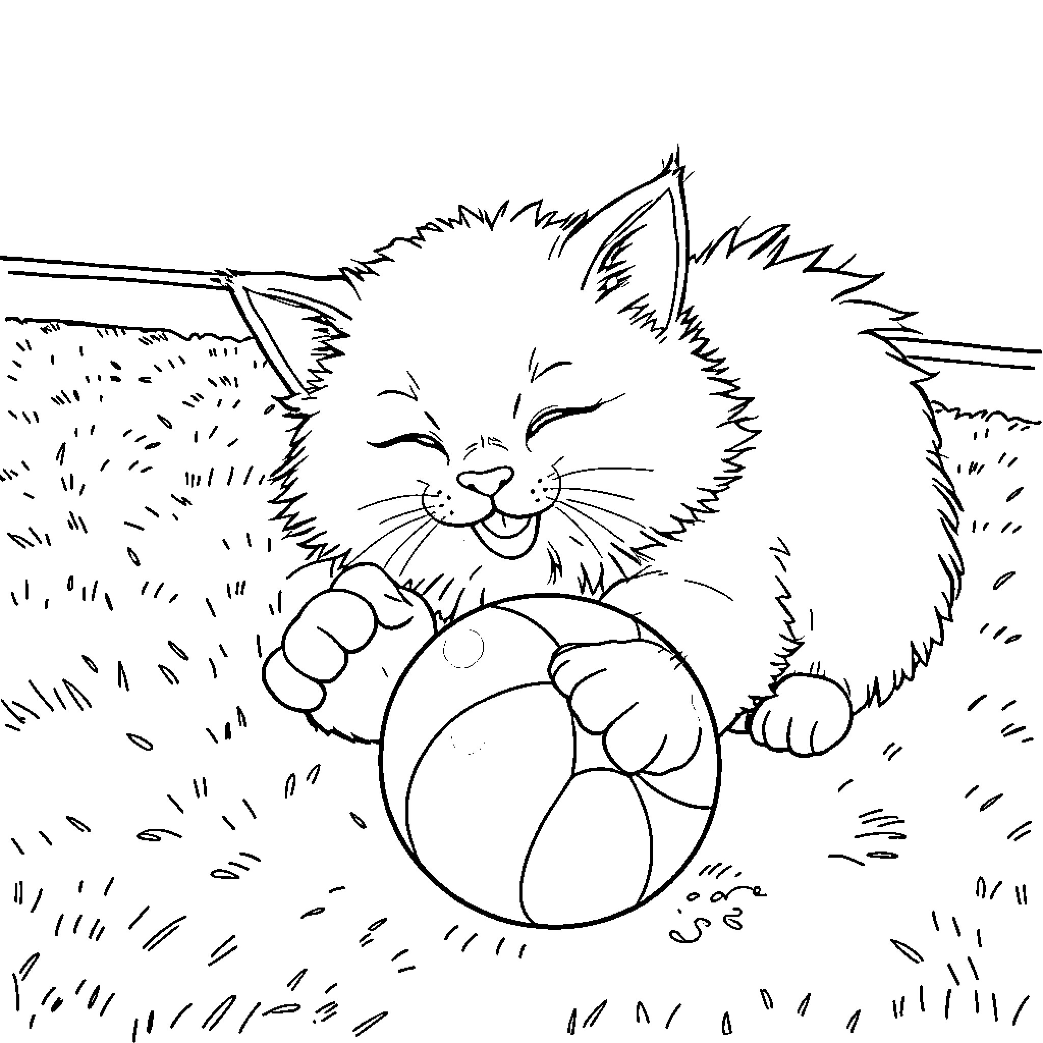 Cat chasing playfully with ball Coloring Page (free black-and-white line drawing printable PDF for all, from beginners to advanced learners, including children, teens, adults, and seniors)