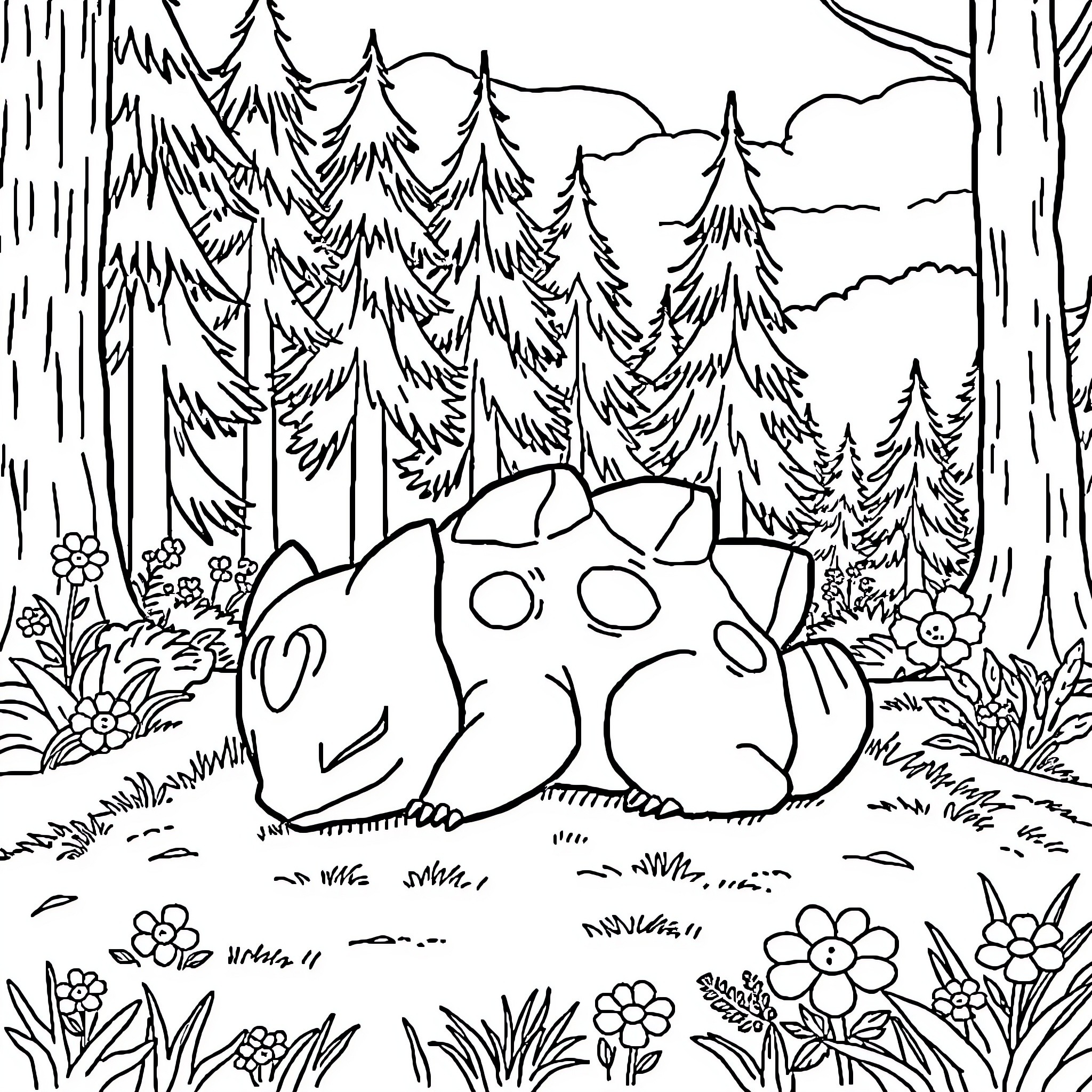 Bulbasaur relaxing in the forest Coloring Page (free black-and-white line drawing printable PDF for all, from beginners to advanced learners, including children, teens, adults, and seniors)