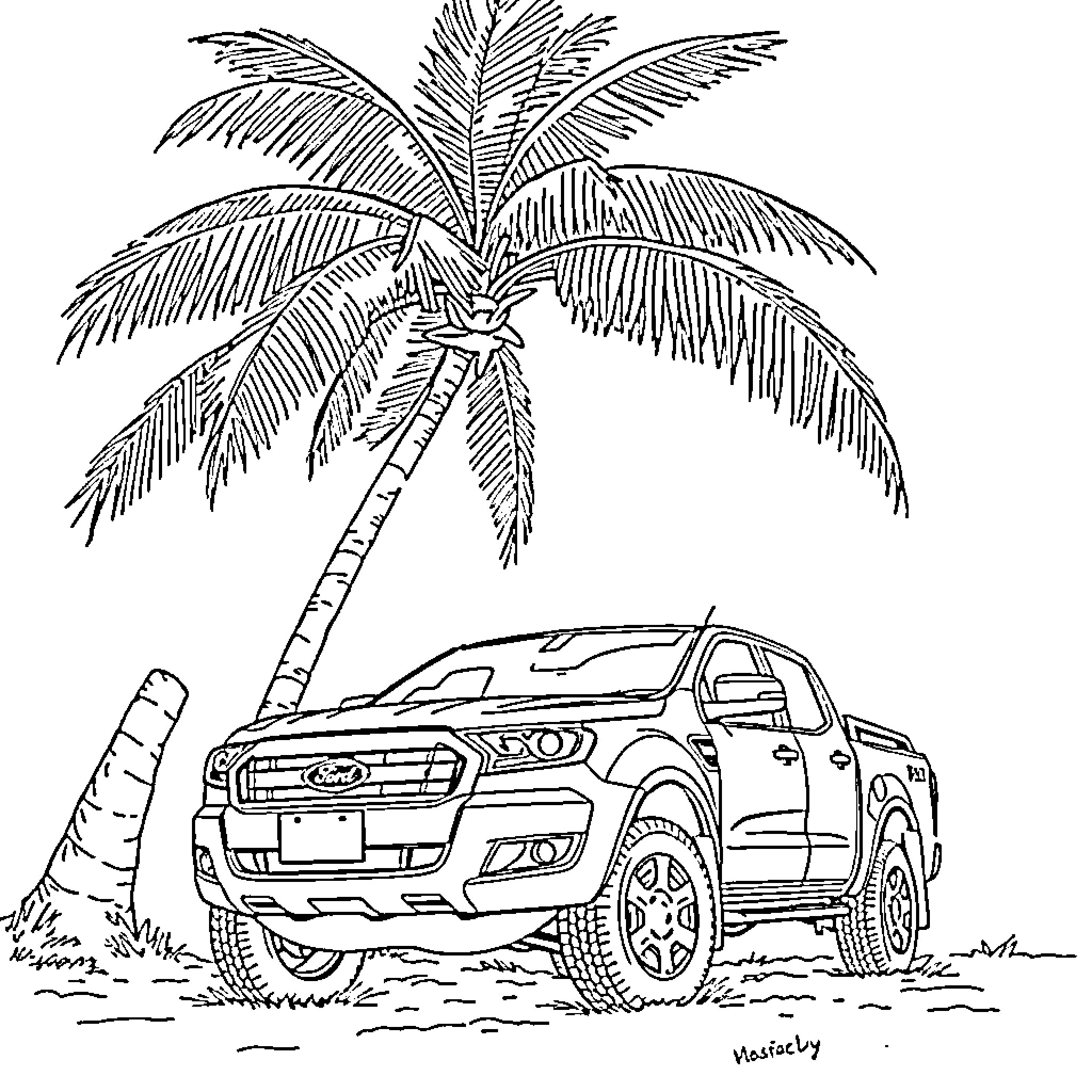 Ford pickup truck on tropical beach Coloring Page (free black-and-white line drawing printable PDF for all, from beginners to advanced learners, including children, teens, adults, and seniors)