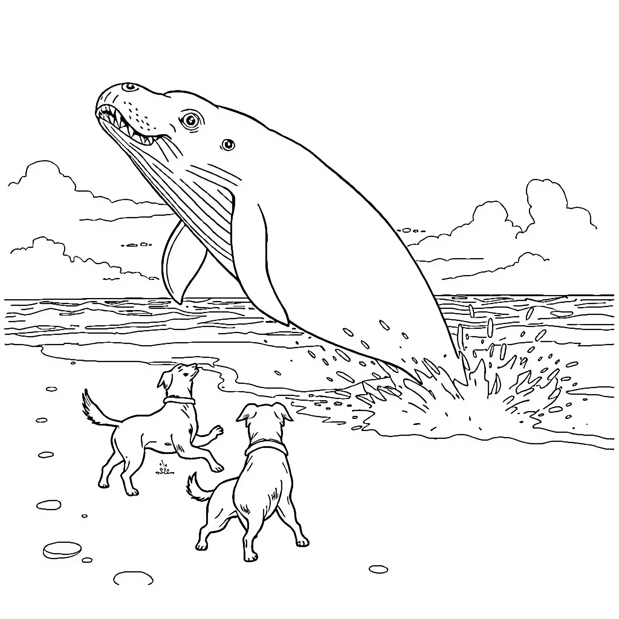 Dog watches whales splash in the ocean Coloring Page (free black-and-white line drawing printable PDF for all, from beginners to advanced learners, including children, teens, adults, and seniors)