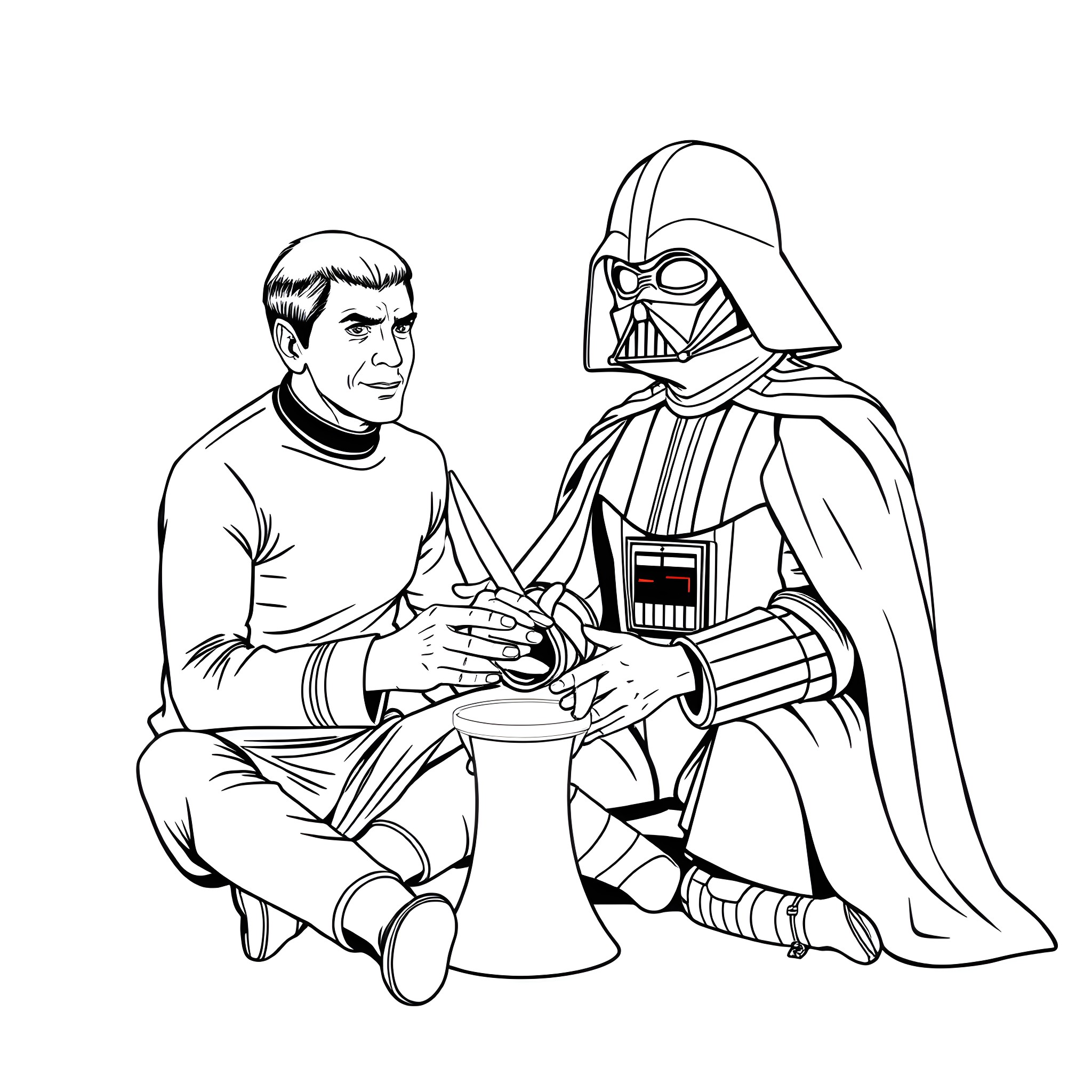 Spock and Darth Vader discussing plans Coloring Page (free black-and-white line drawing printable PDF for all, from beginners to advanced learners, including children, teens, adults, and seniors)