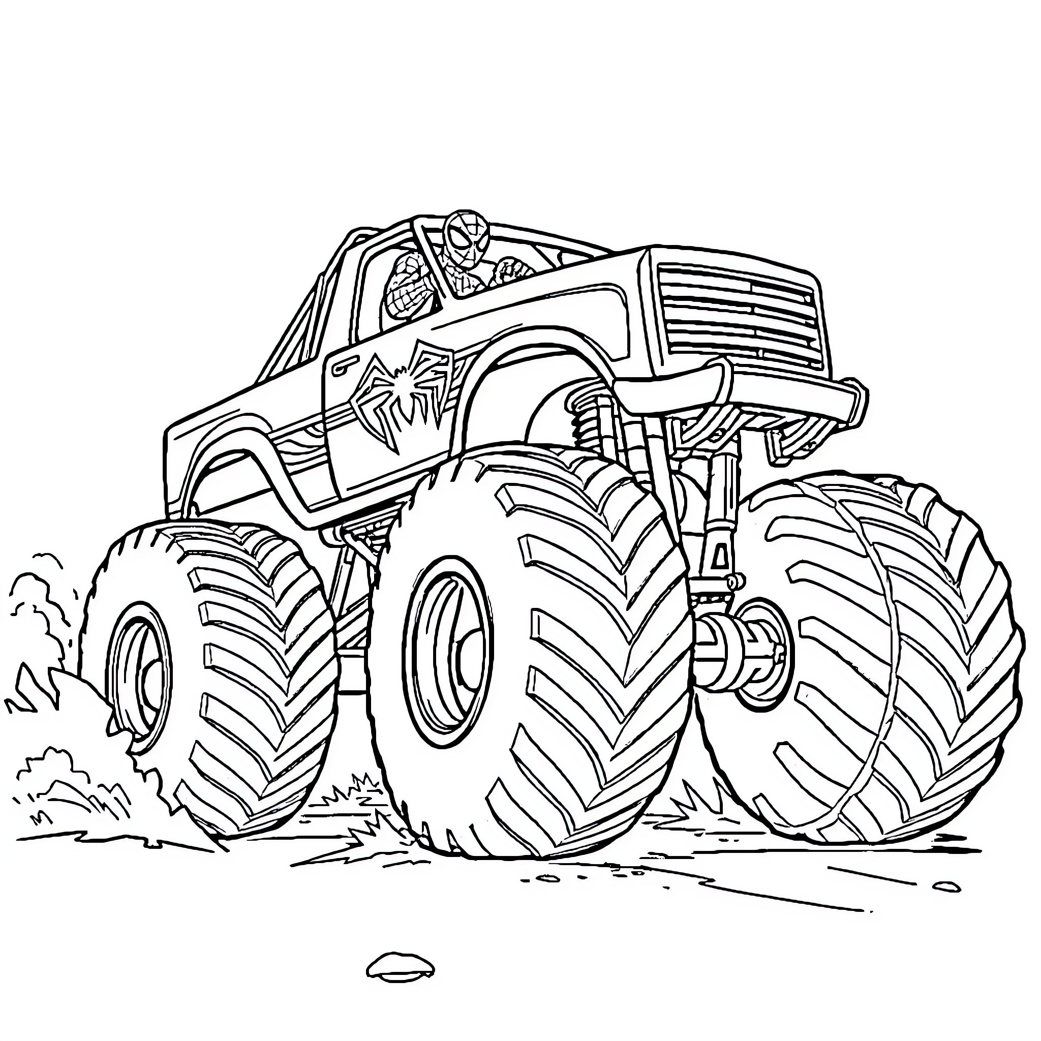Spiderman driving a mighty monster truck Coloring Page (free black-and-white line drawing printable PDF for all, from beginners to advanced learners, including children, teens, adults, and seniors)