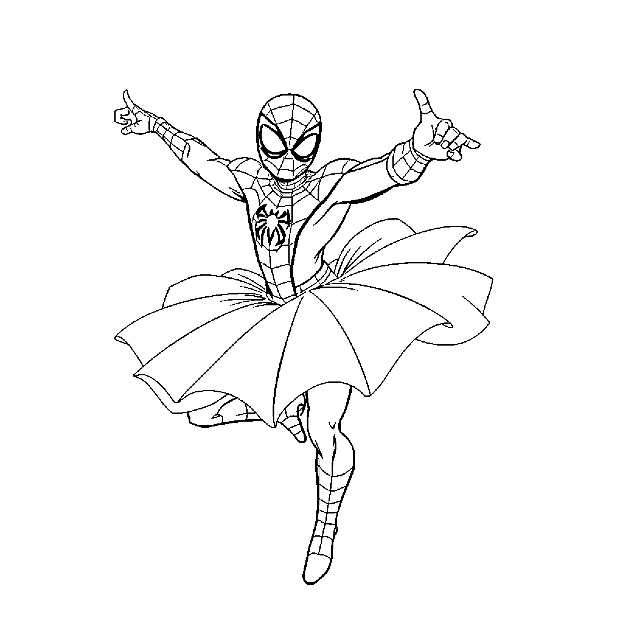 Spiderman in heroic action pose with cape Coloring Page (free black-and-white line drawing printable PDF for all, from beginners to advanced learners, including children, teens, adults, and seniors)