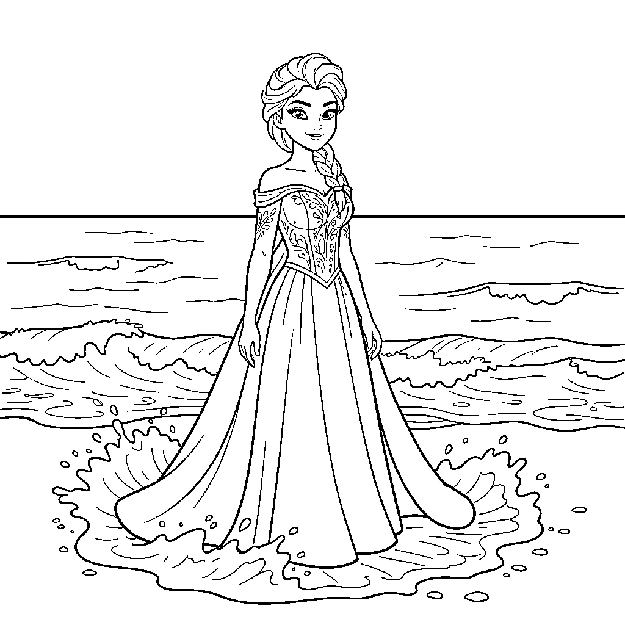 Elsa standing gracefully by the ocean waves Coloring Page (free black-and-white line drawing printable PDF for all, from beginners to advanced learners, including children, teens, adults, and seniors)