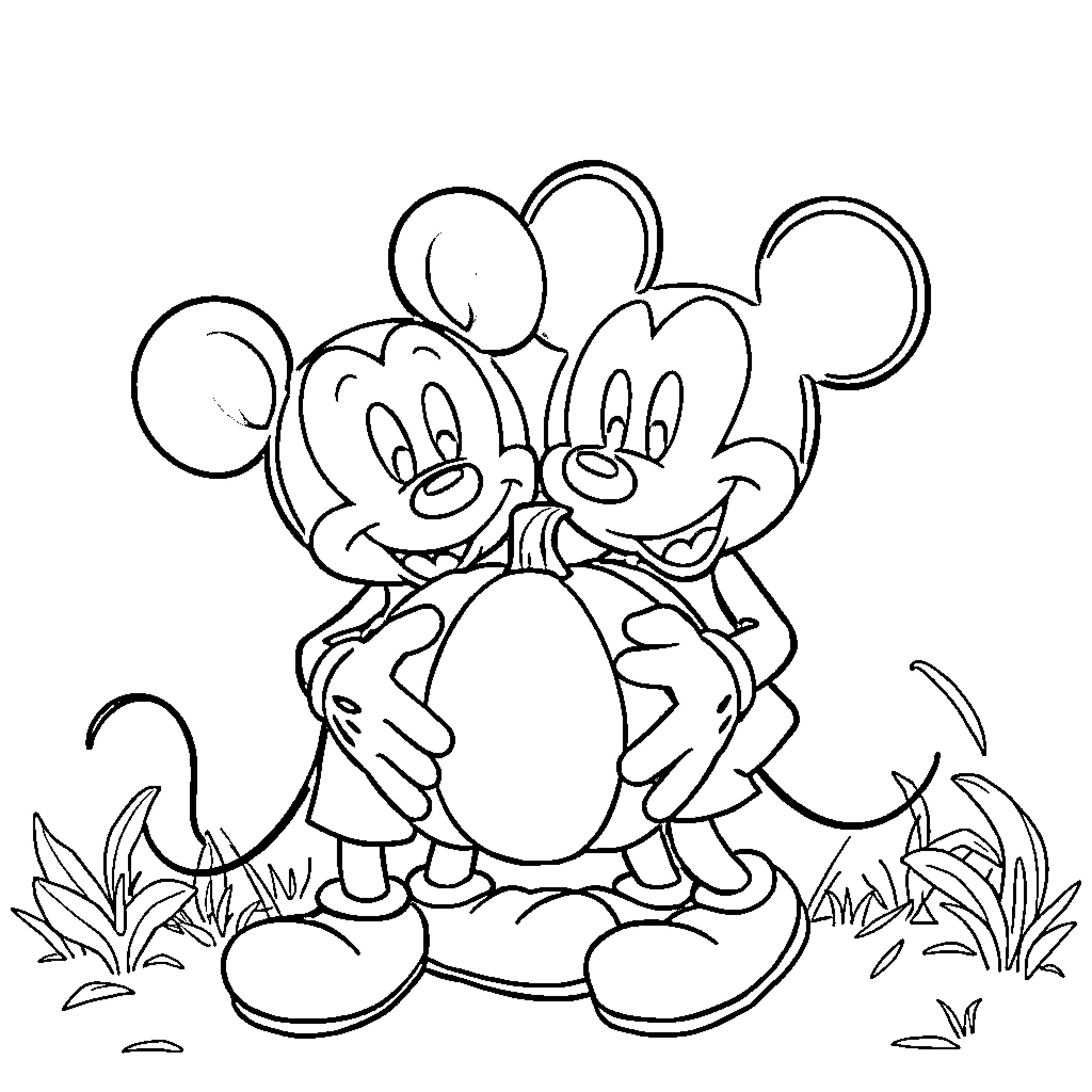 Bluey and Mickey Mouse Embracing Playfully Coloring Page (free black-and-white line drawing printable PDF for all, from beginners to advanced learners, including children, teens, adults, and seniors)