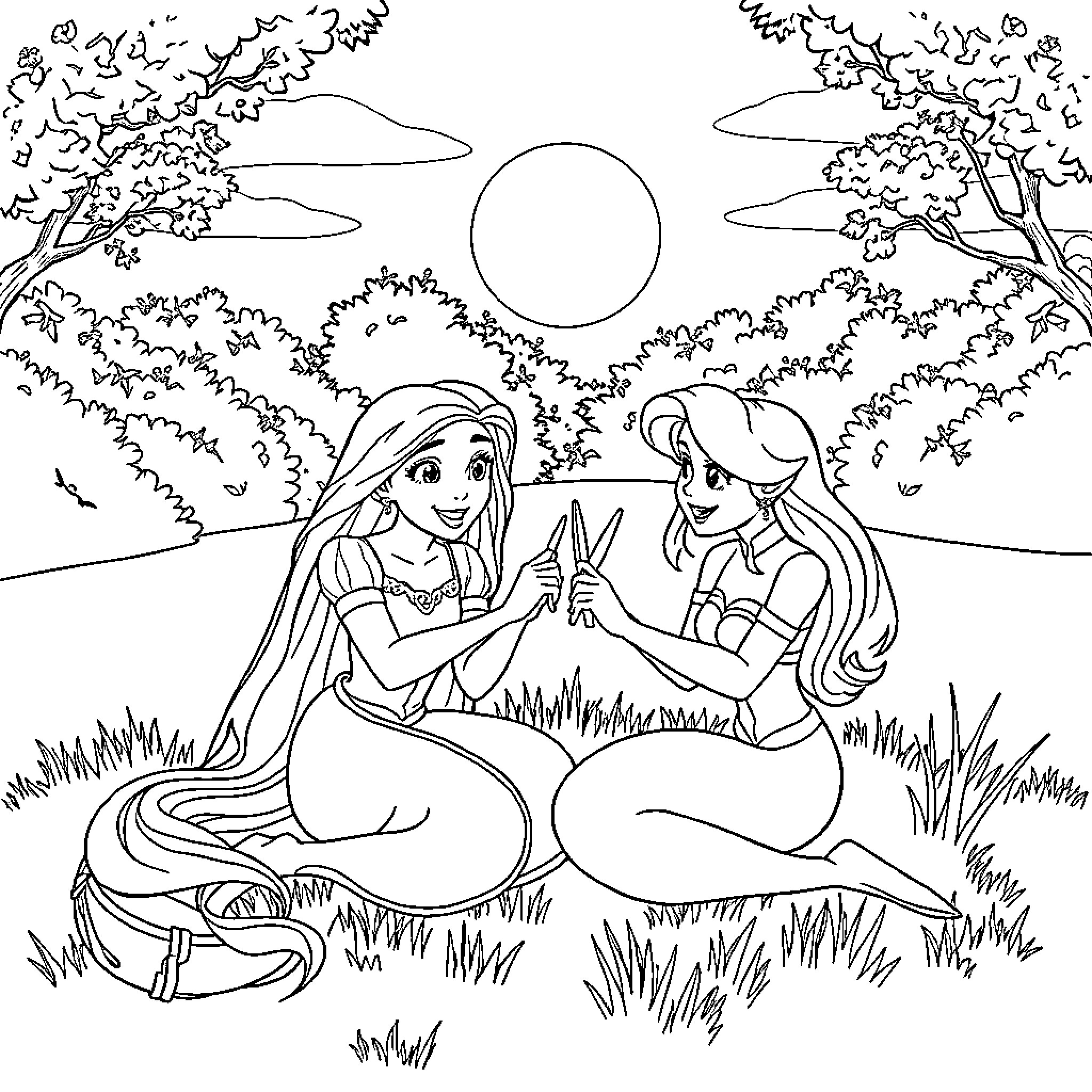 Rapunzel's Peaceful Afternoon with Friends Coloring Page (free black-and-white line drawing printable PDF for all, from beginners to advanced learners, including children, teens, adults, and seniors)